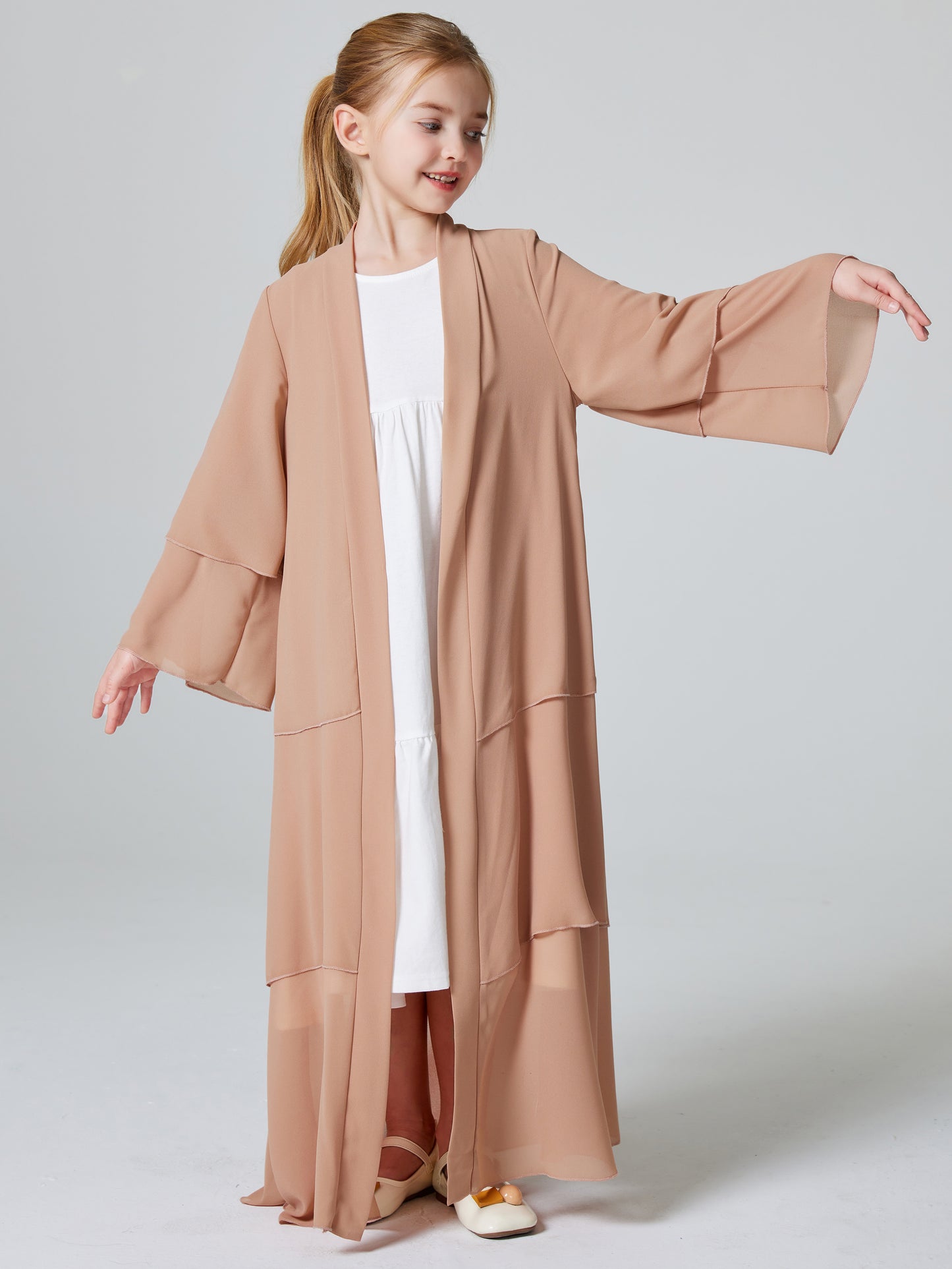 Ramadan Muslim Girls 3 Layered Chiffon Kids Abaya Dress Open Front Abaya Kebaya Outerwear (Without Hijab) MSL132