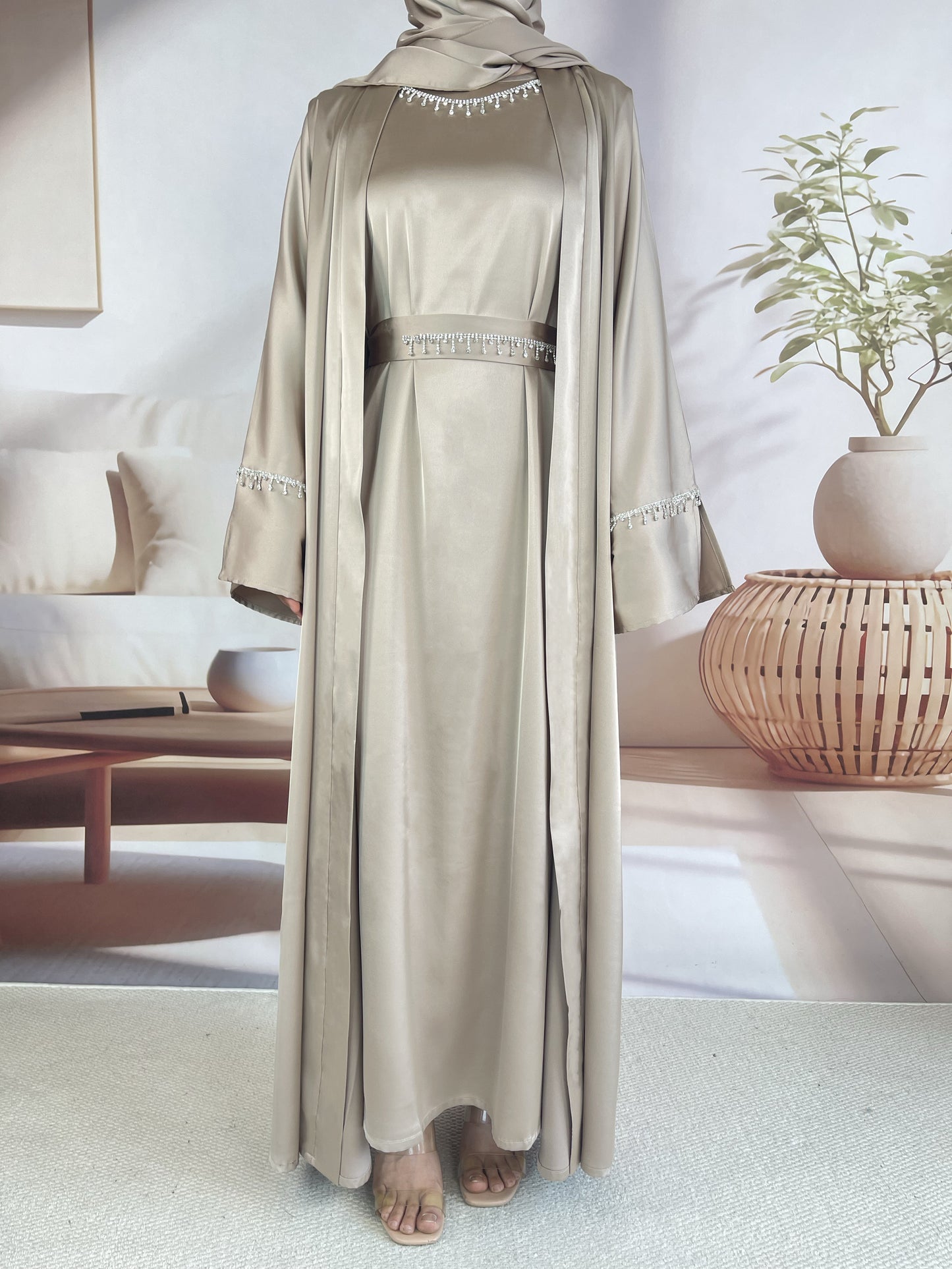 MSL041 Luxury Satin Abaya With Diamond Tassels Belt, 6-Piece Set
