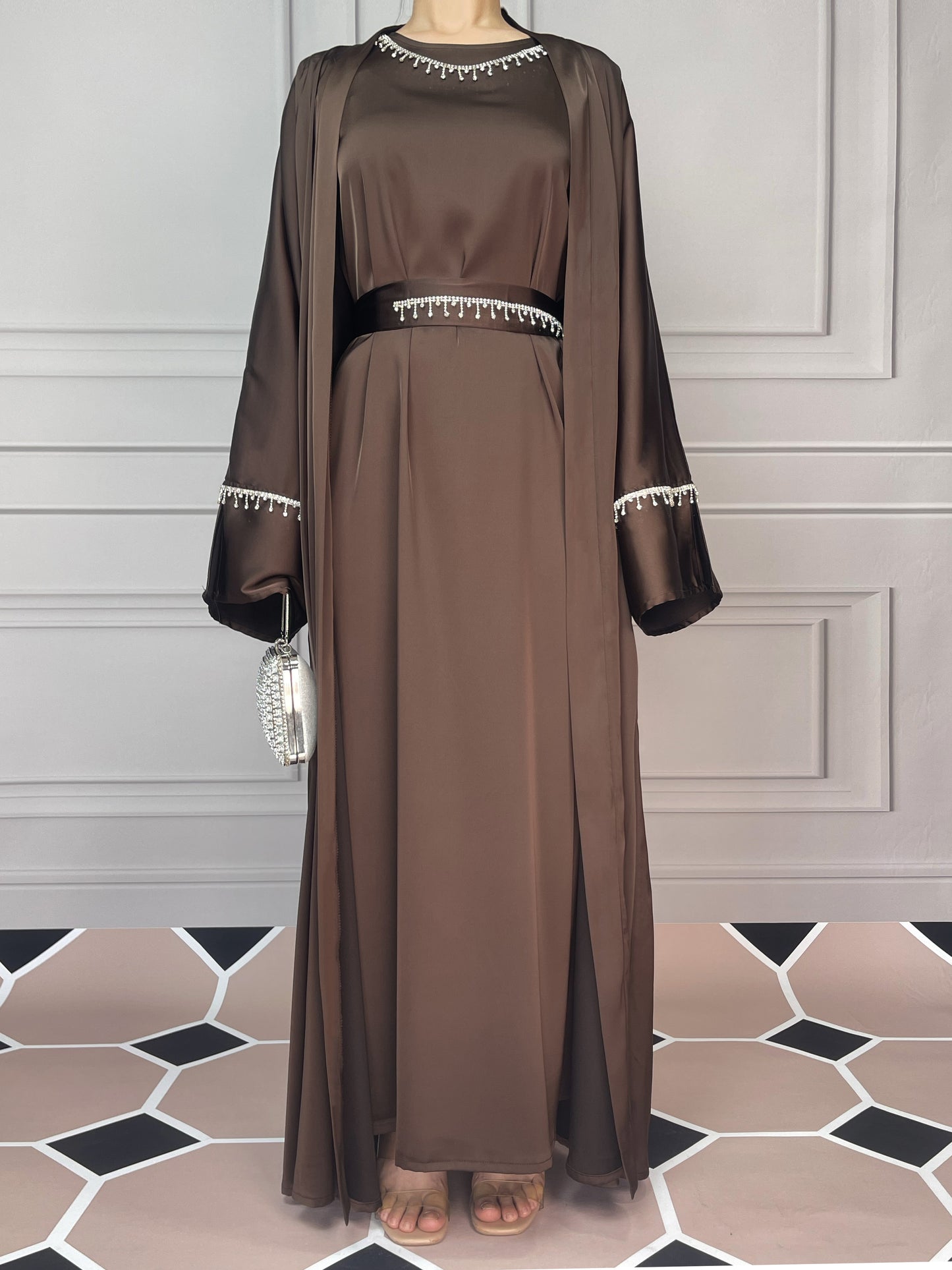 MSL041 Luxury Satin Abaya With Diamond Tassels Belt, 6-Piece Set