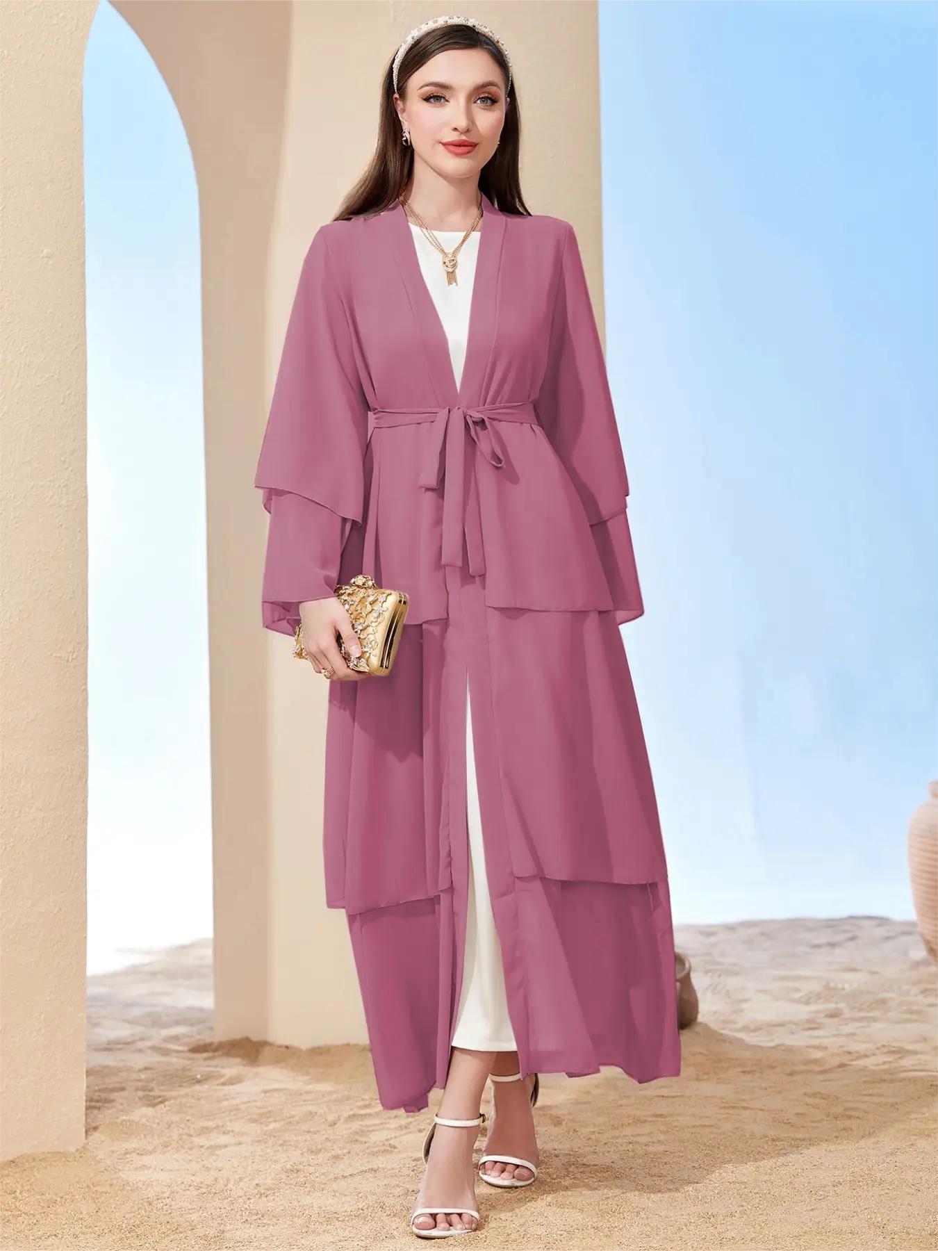 Ramadan kebaya Layered Open Front Abaya, Long Sleeve Dress With Belted , Without Hijab, Women's Clothing MSL1