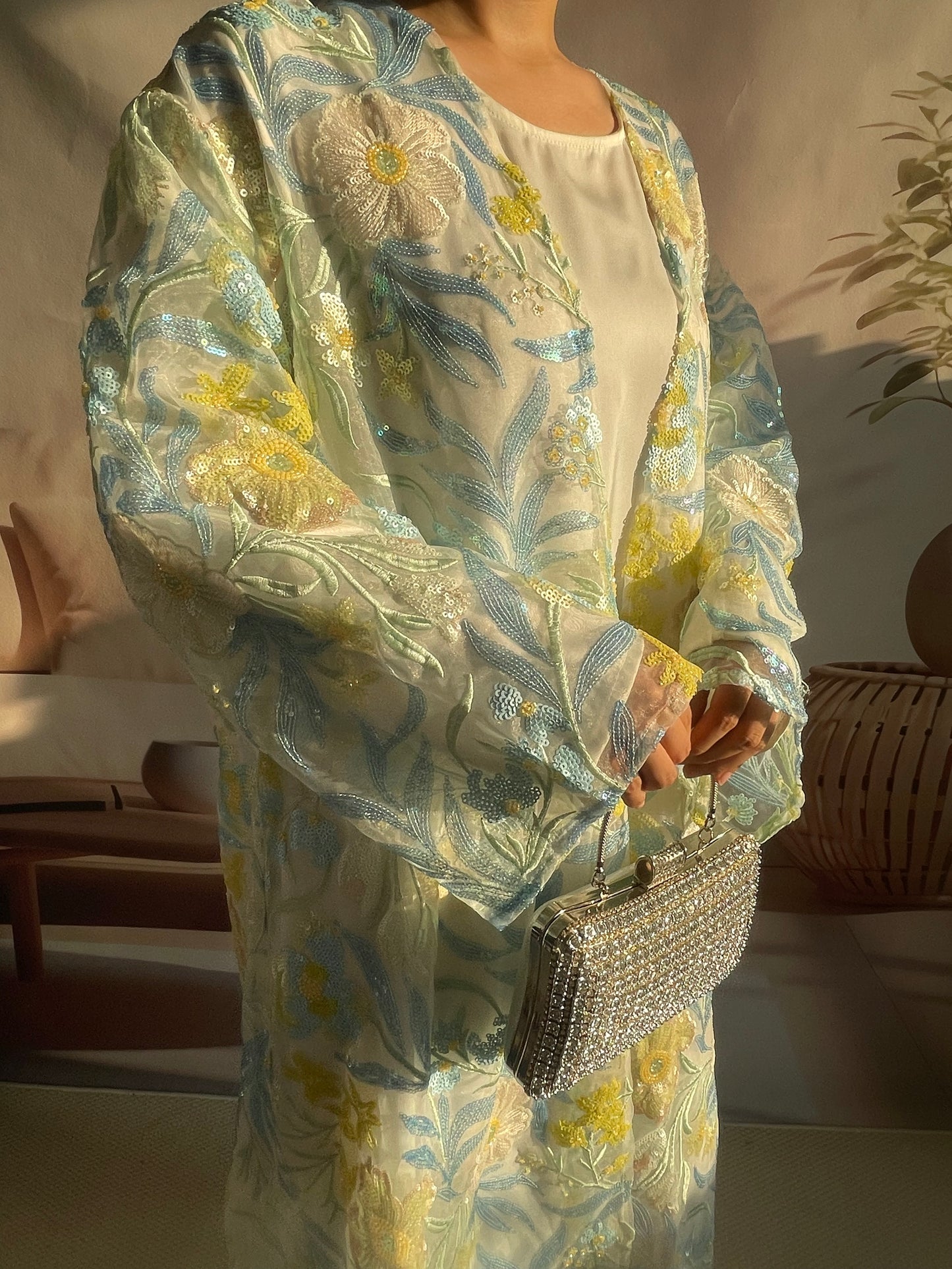 Yellow-green Flower Open Abaya MSL882