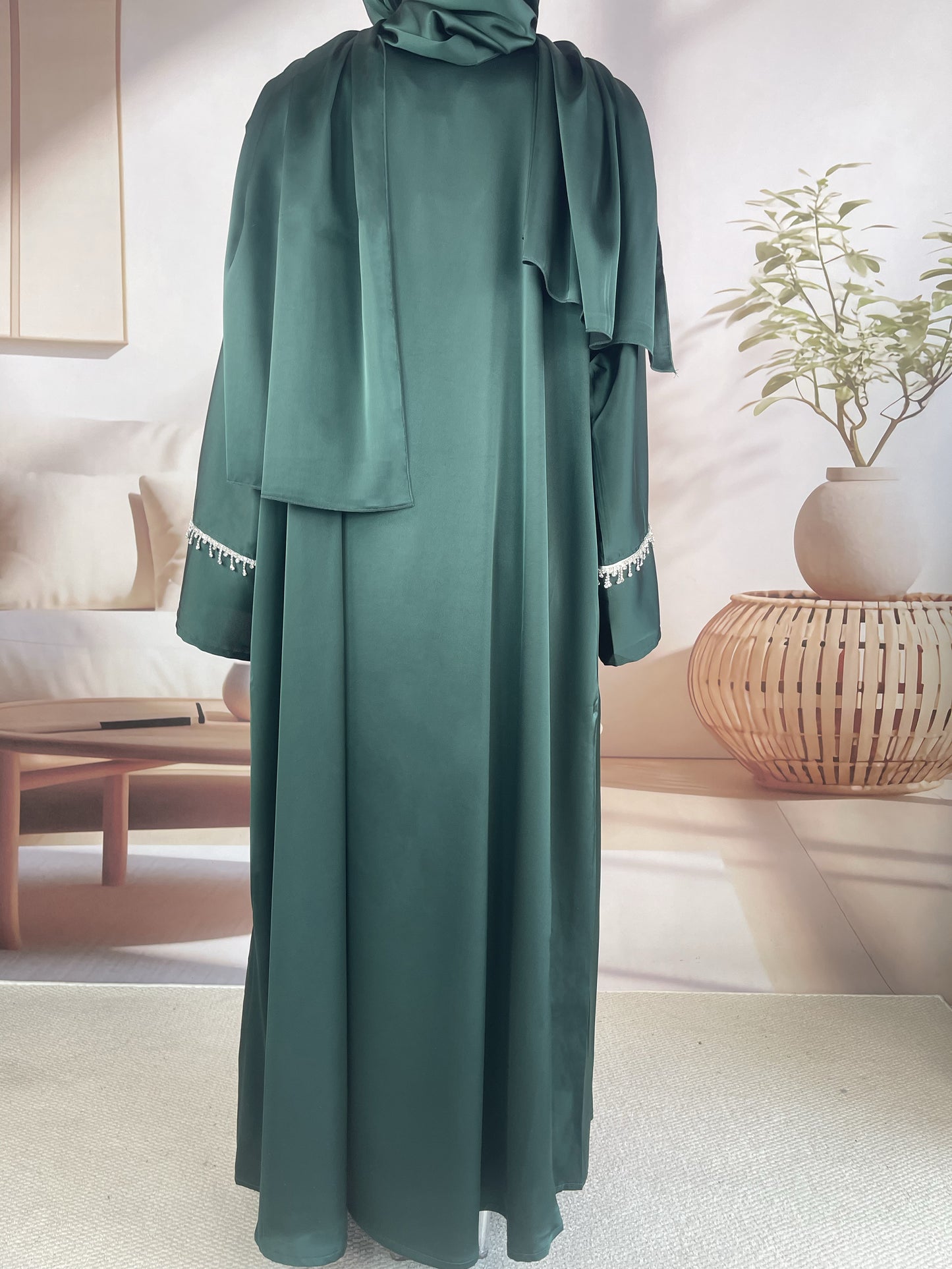 MSL041 Luxury Satin Abaya With Diamond Tassels Belt, 6-Piece Set