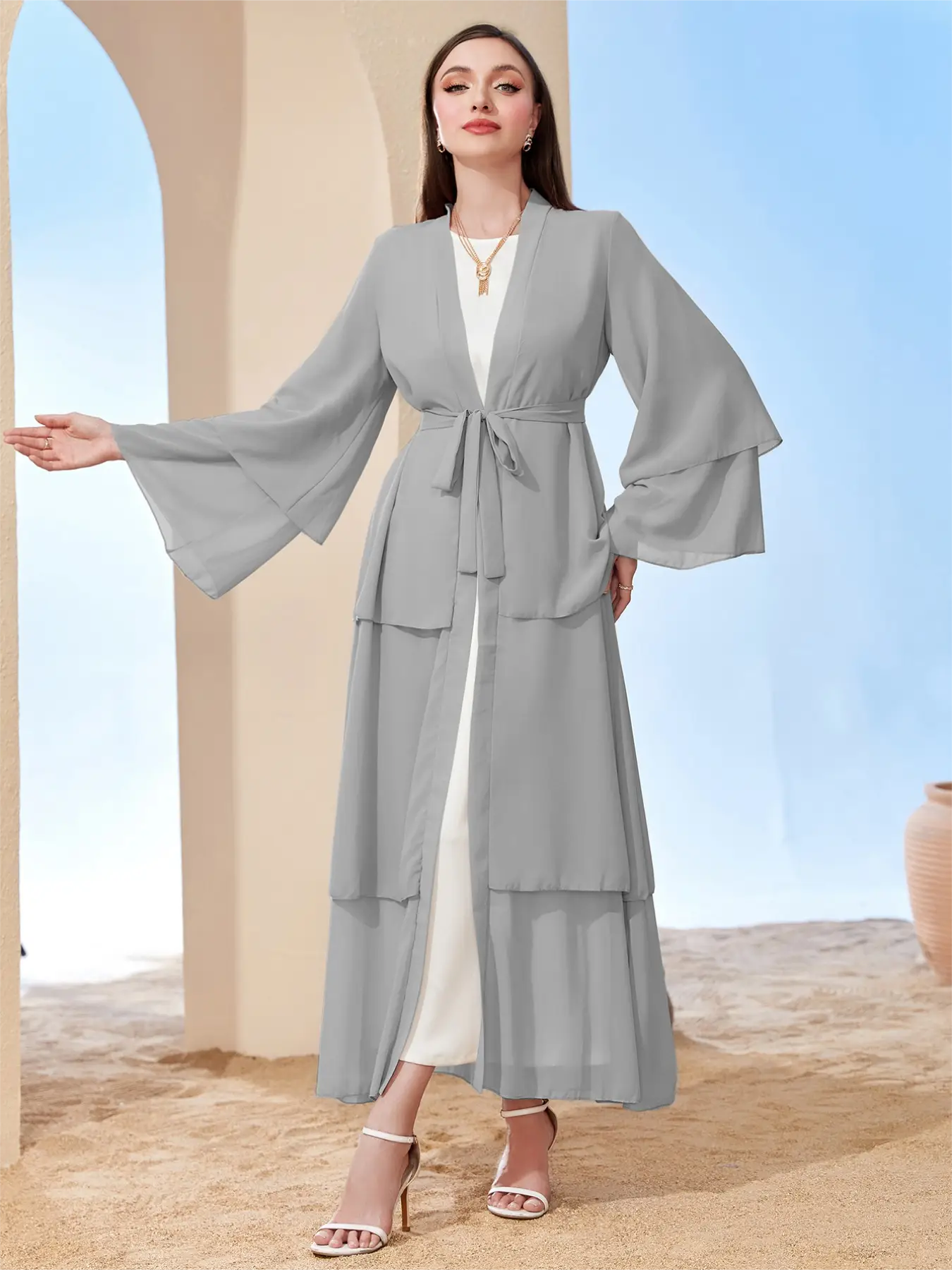 Ramadan kebaya Layered Open Front Abaya, Long Sleeve Dress With Belted , Without Hijab, Women's Clothing MSL1