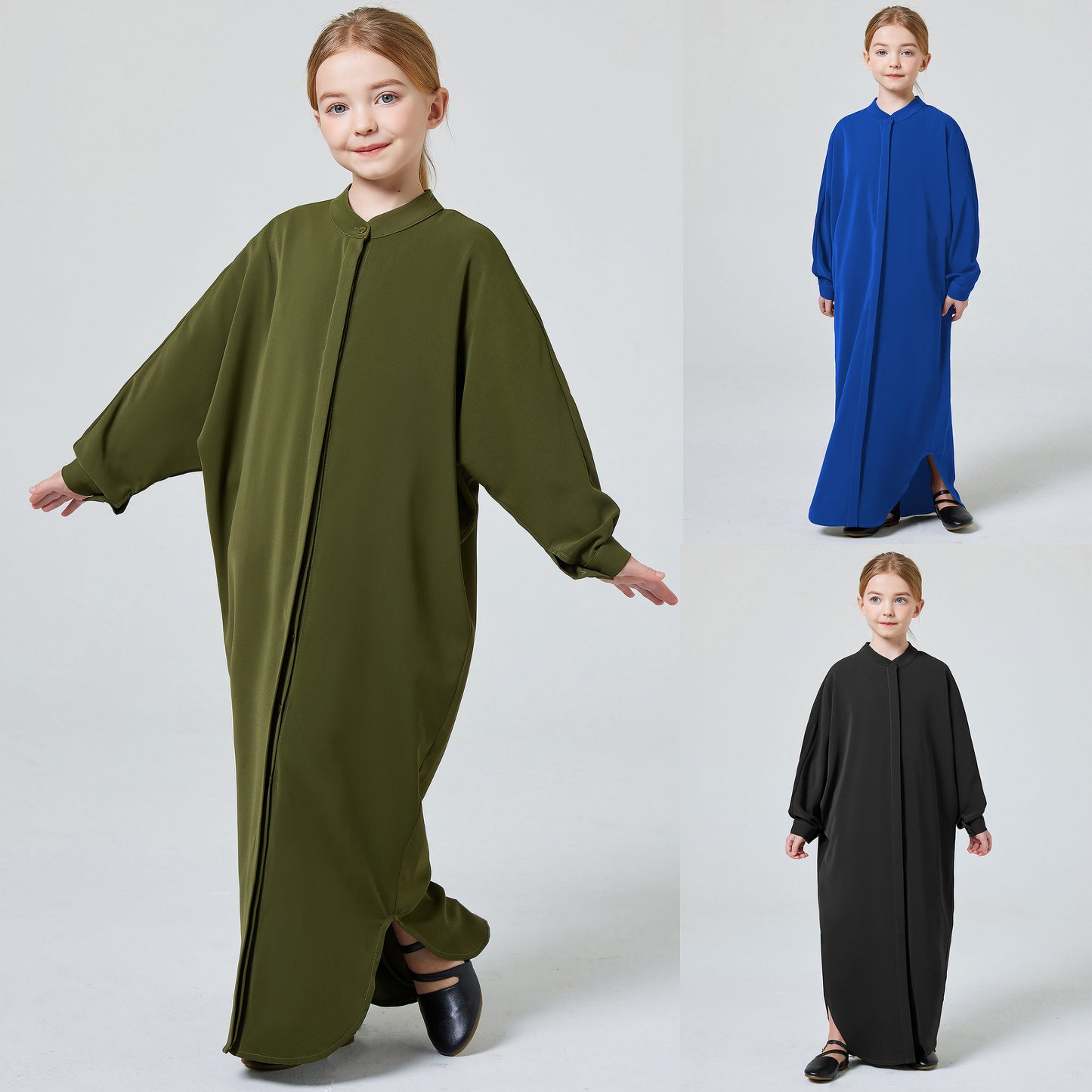 Ramadan kids Abayas Muslism Elegant Girl's Solid Crew Neck Long Sleeve Kaftan Dress For Pray Party, Abaya Dubai luxury MSL194