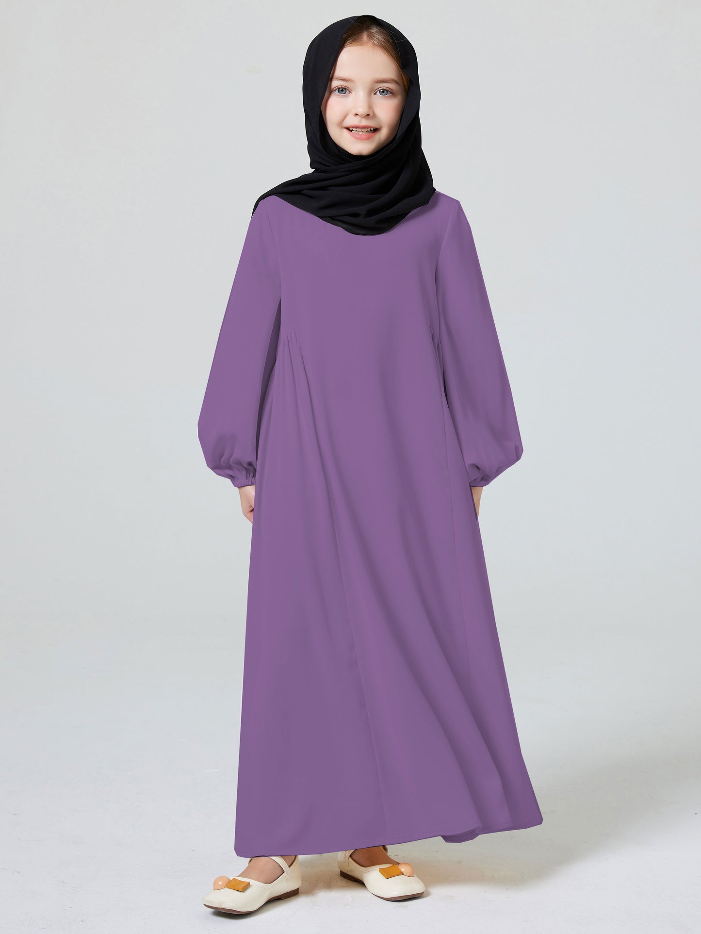 Ramadan Abaya Muslim Elegant Girl's Solid Crew Neck Long Sleeve Kaftan Dress For Pray Party MSL195