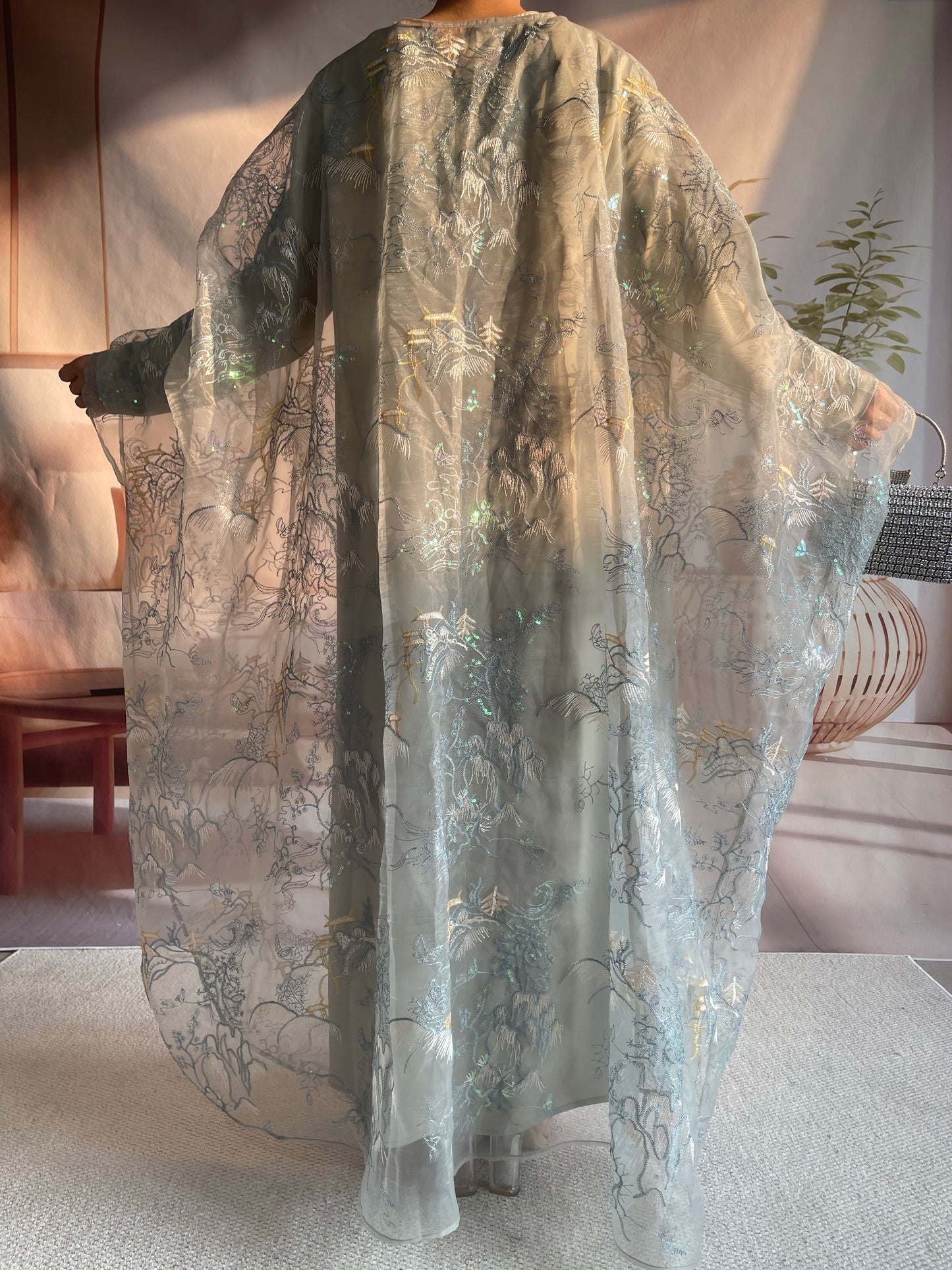 MSL899 Two-piece Set Bat-wing Embroidered Cape with a Matching Inner Dress