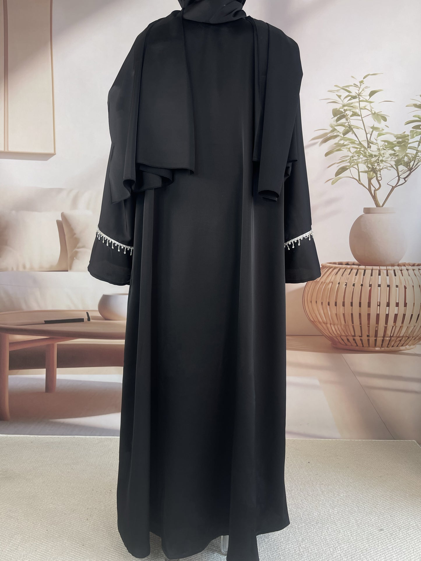 MSL041 Luxury Satin Abaya With Diamond Tassels Belt, 6-Piece Set