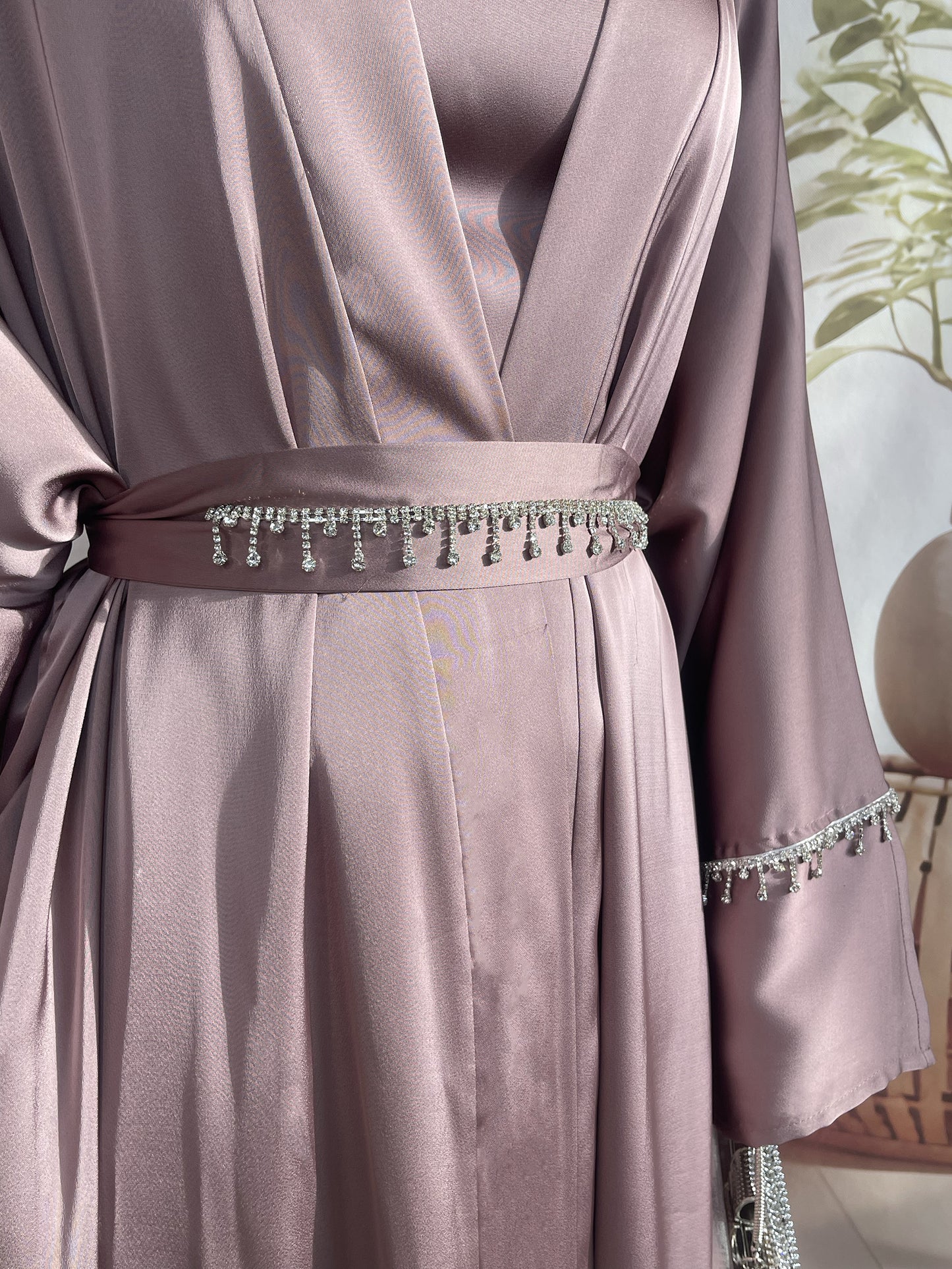 MSL041 Luxury Satin Abaya With Diamond Tassels Belt, 6-Piece Set