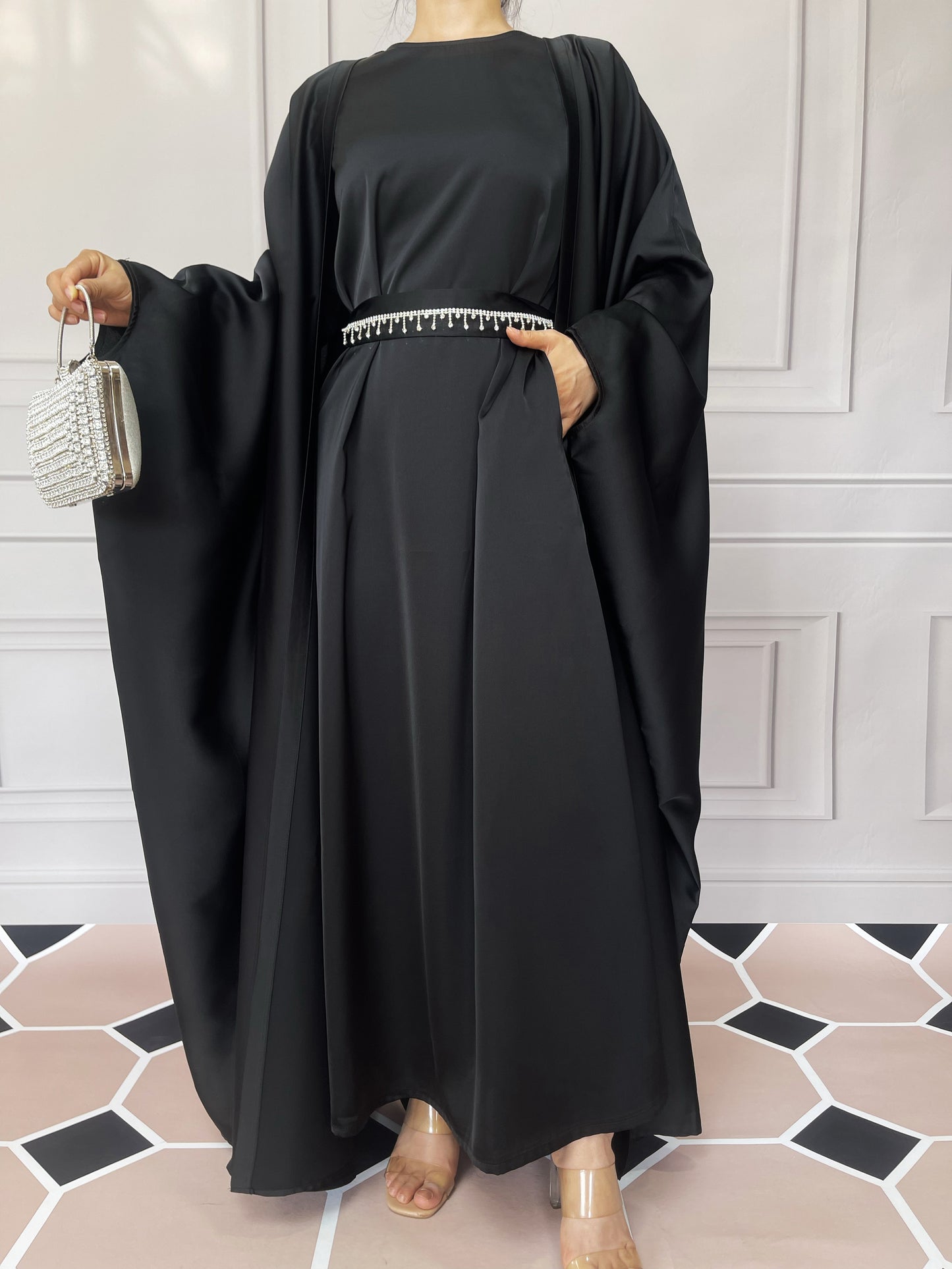 【Auf Lager】5-teiliges Set Butterfly Abaya mit Niqab, lose Vollabdeckung Satin Abaya MSL019