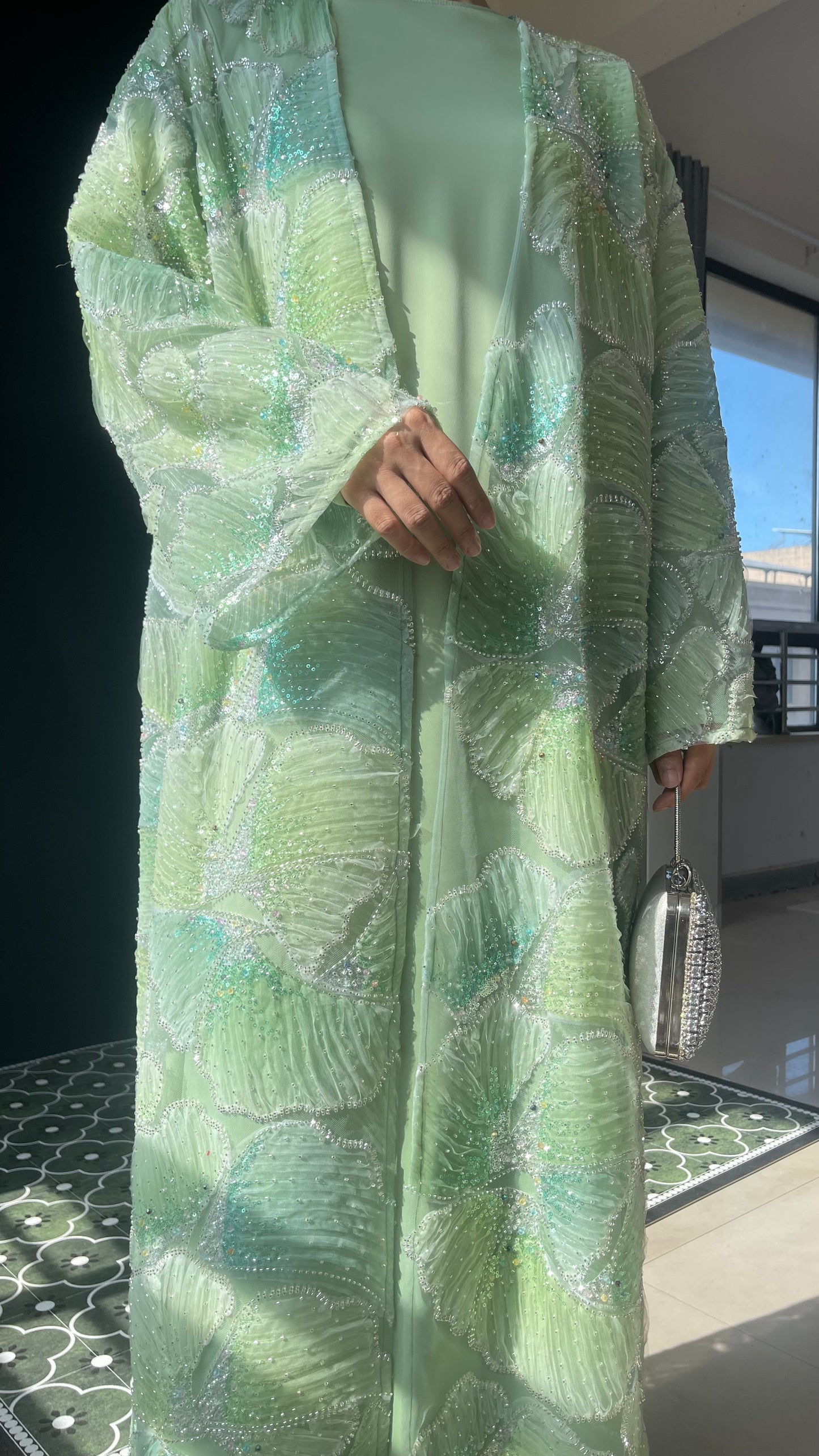 MSL883 Frozen Blue Multicolor Bead Princess Open Abaya