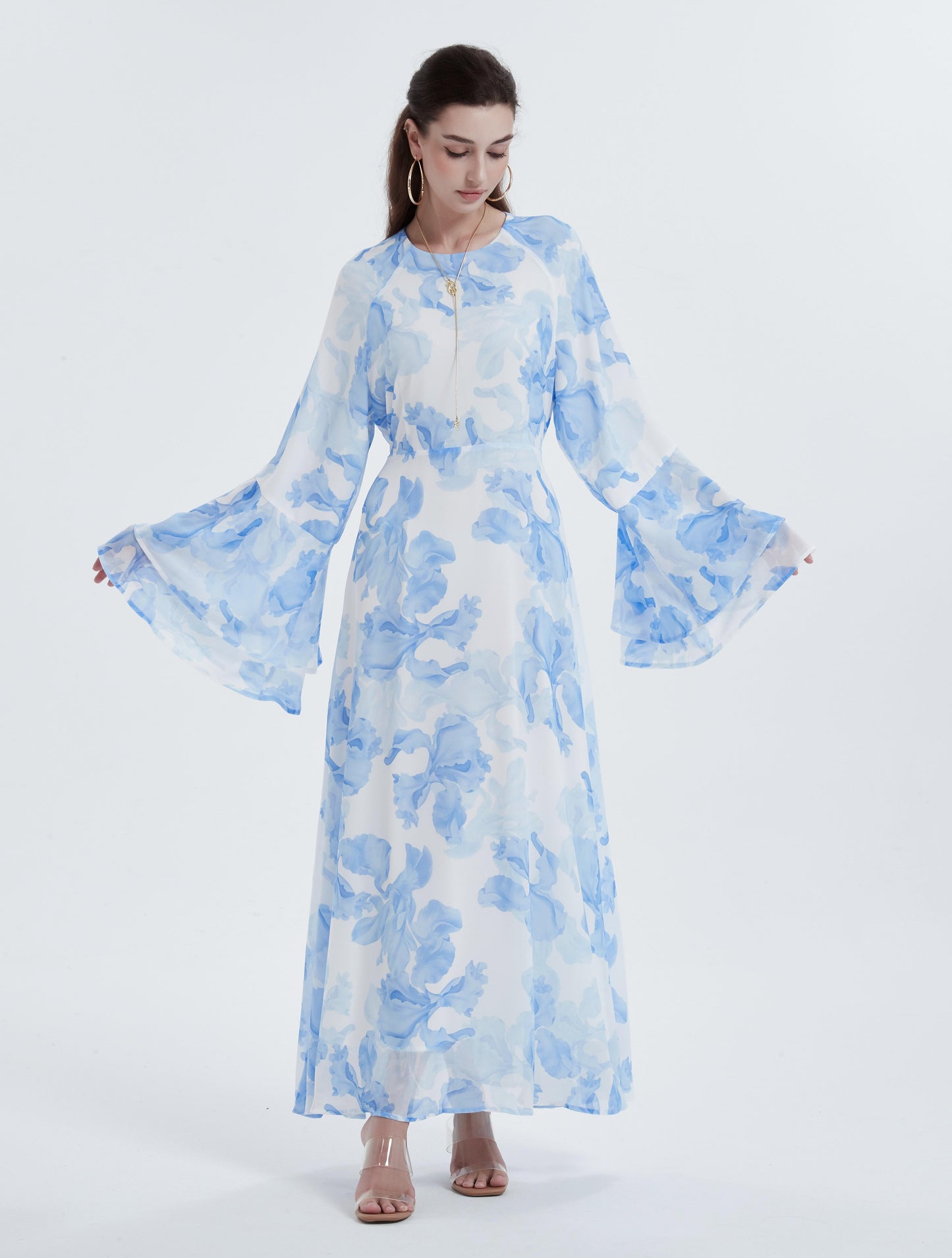 MSL8266 Ramadan kebaya Muslim women's chiffon print flared sleeve dress headscarf two-piece set