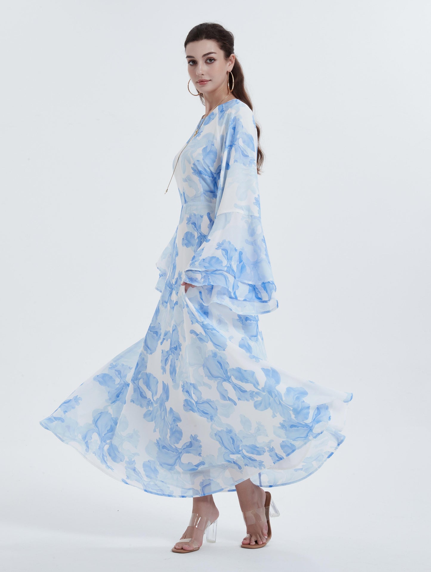 MSL8266 Ramadan kebaya Muslim women's chiffon print flared sleeve dress headscarf two-piece set