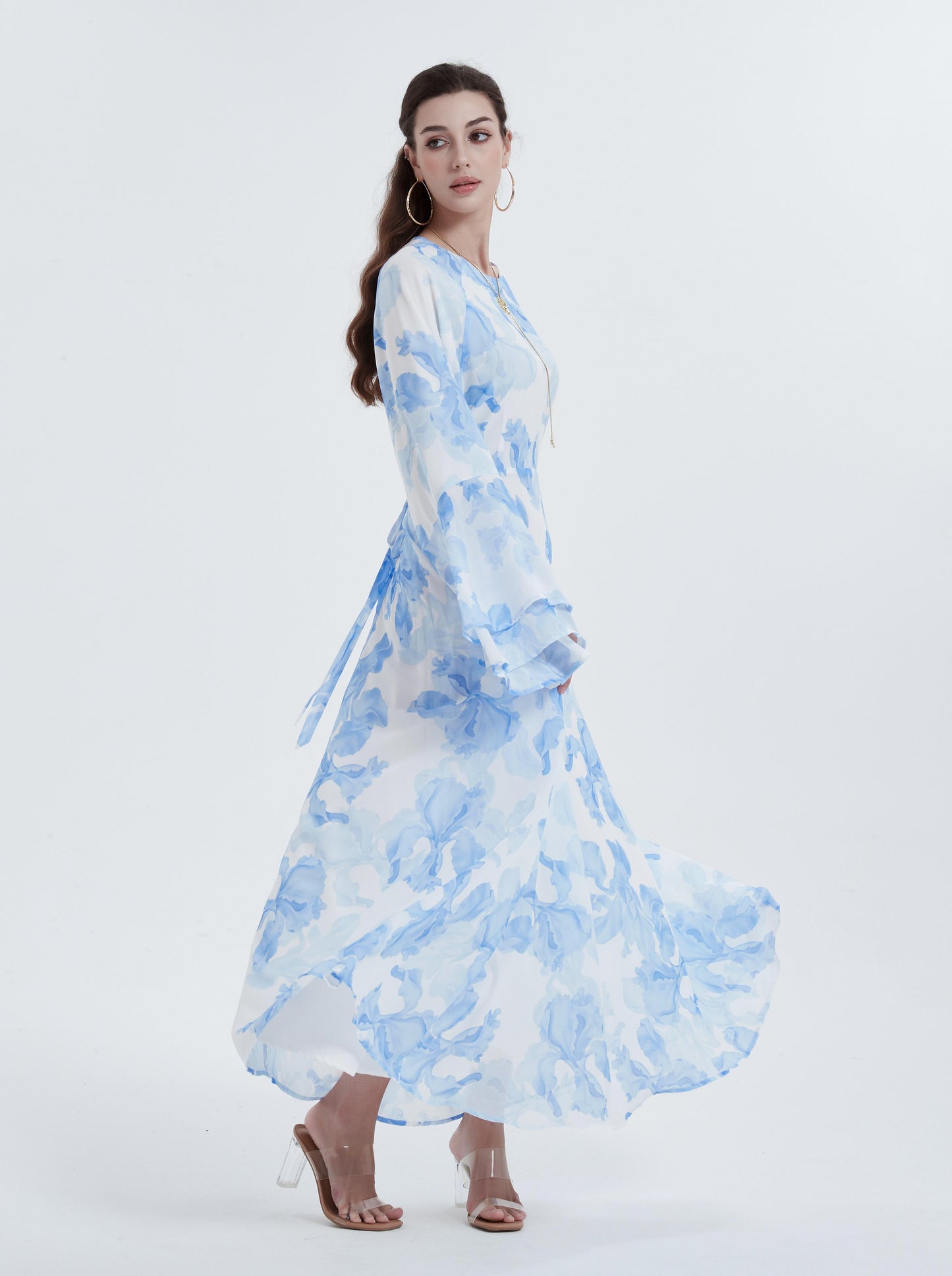 MSL8266 Ramadan kebaya Muslim women's chiffon print flared sleeve dress headscarf two-piece set