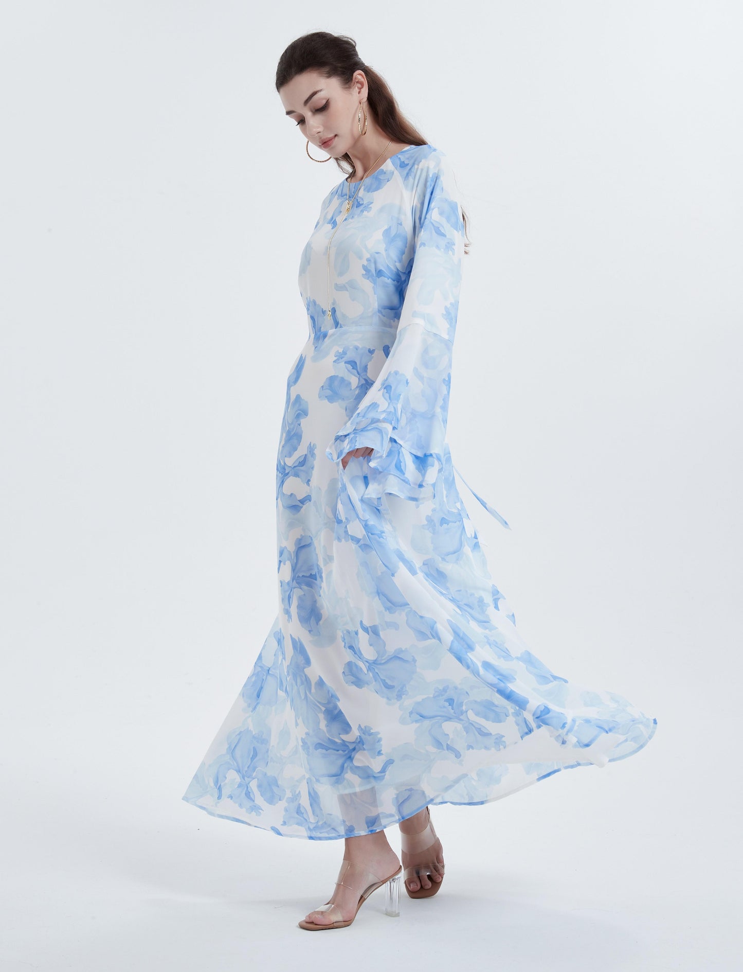 MSL8266 Ramadan kebaya Muslim women's chiffon print flared sleeve dress headscarf two-piece set