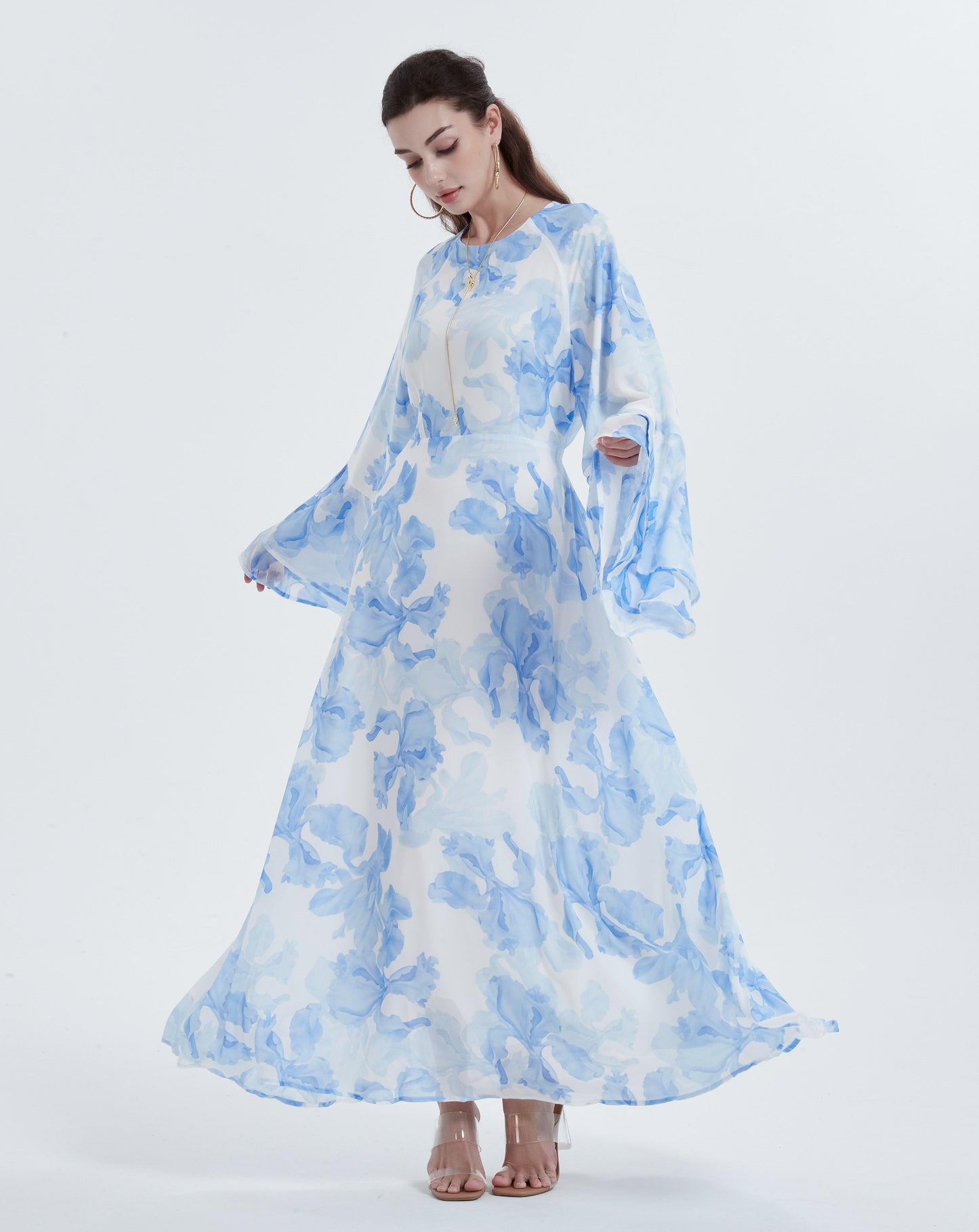 MSL8266 Ramadan kebaya Muslim women's chiffon print flared sleeve dress headscarf two-piece set