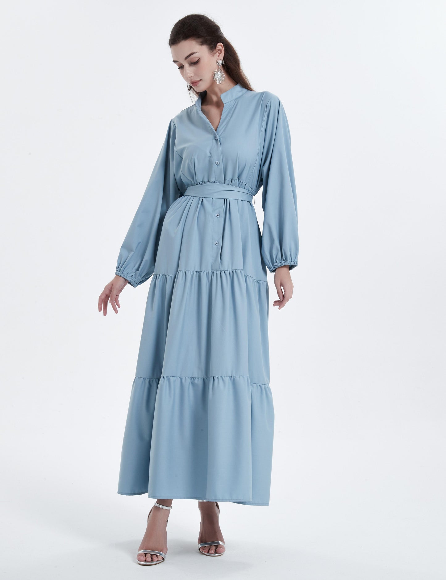 Middle East Muslim women's Maxi dress solid color button-up collar strap slim dress Abaya GBR03
