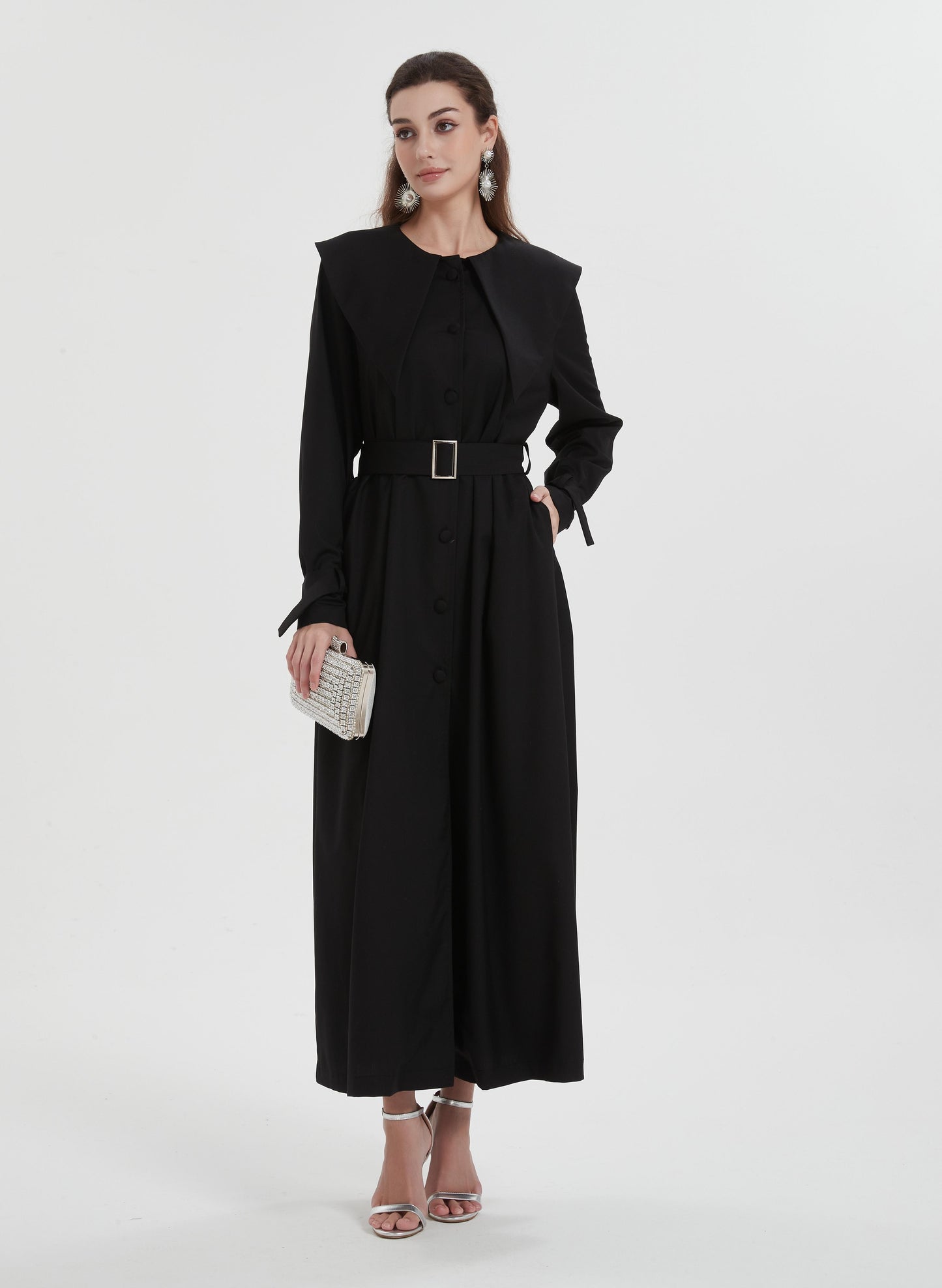 Middle East Muslim women's Maxi dress wear Dubai solid color unique neckline design lace-up waist dress Abaya MSL8316