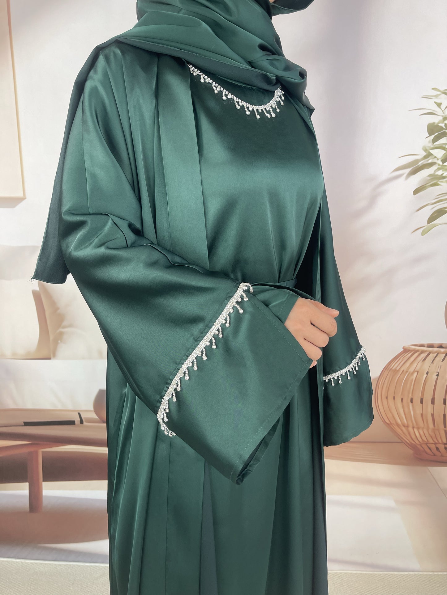 MSL041 Luxury Satin Abaya With Diamond Tassels Belt, 6-Piece Set