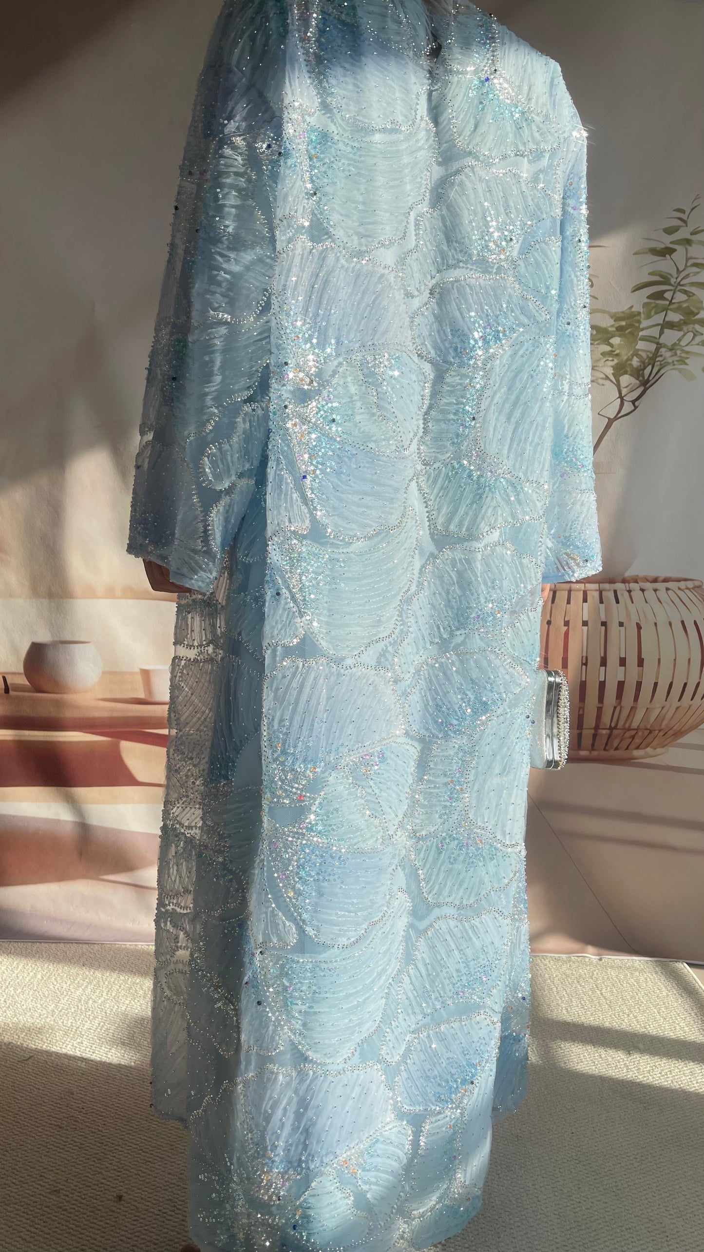 MSL883 Frozen Blue Multicolor Bead Princess Open Abaya