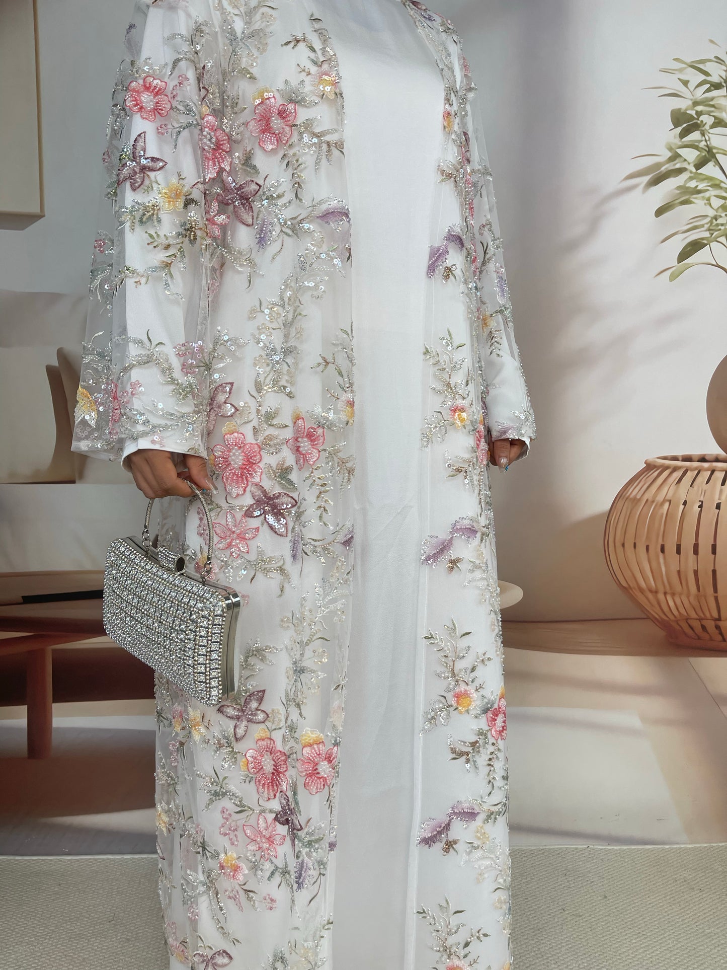 MSL896 White Pearl Flowers Open Abaya Set