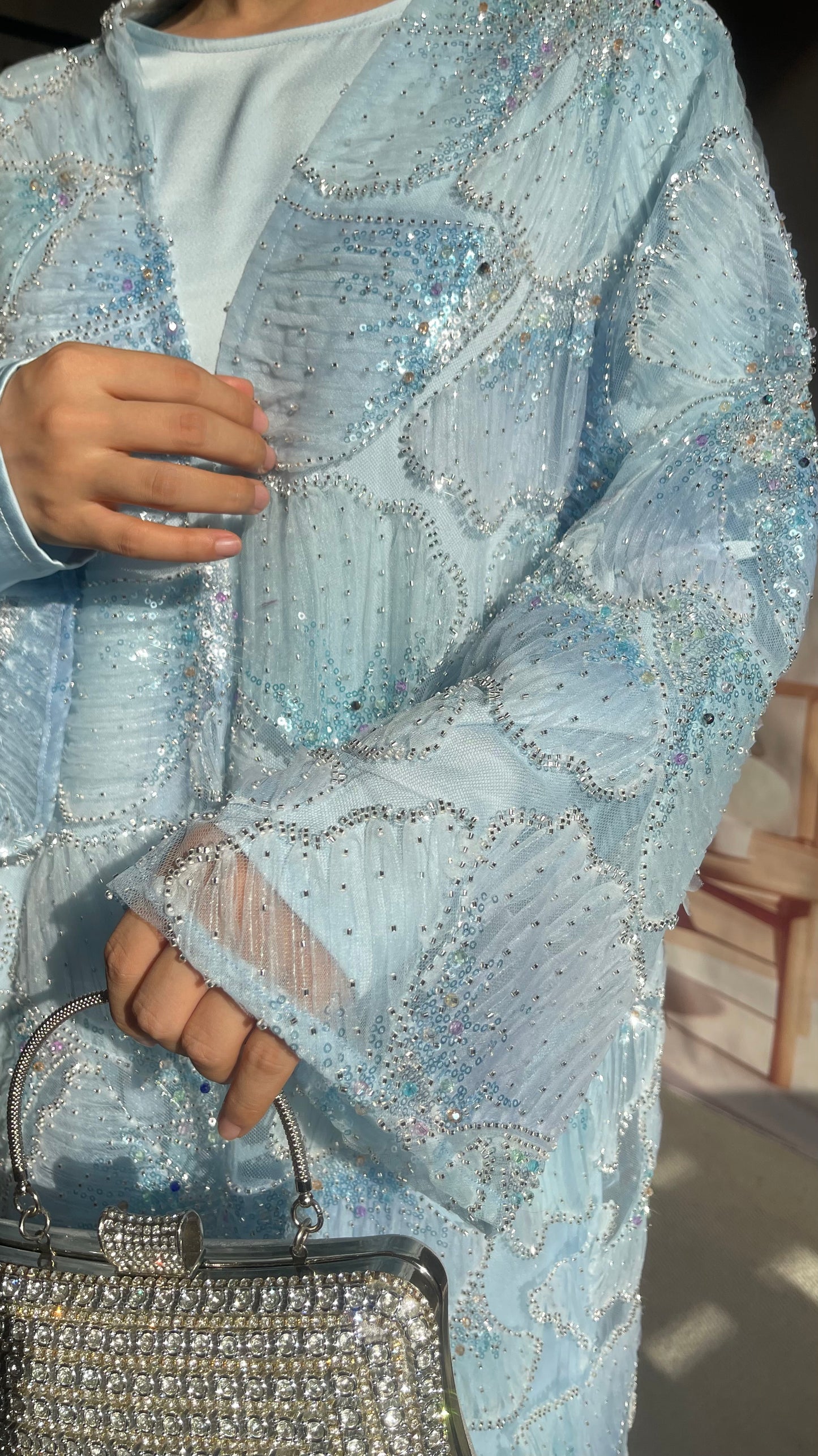 MSL883 Frozen Blue Multicolor Bead Princess Open Abaya