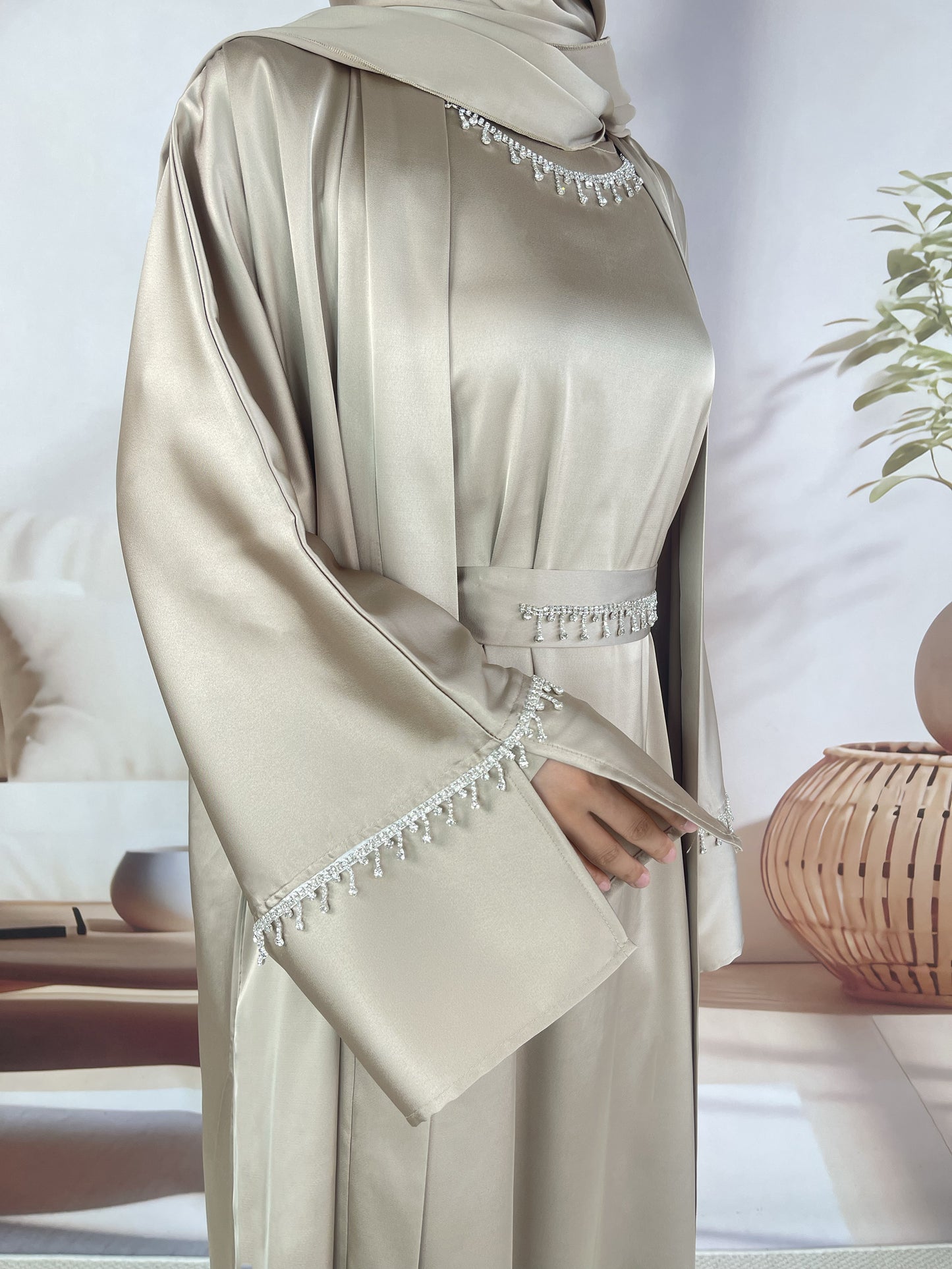 MSL041 Luxury Satin Abaya With Diamond Tassels Belt, 6-Piece Set