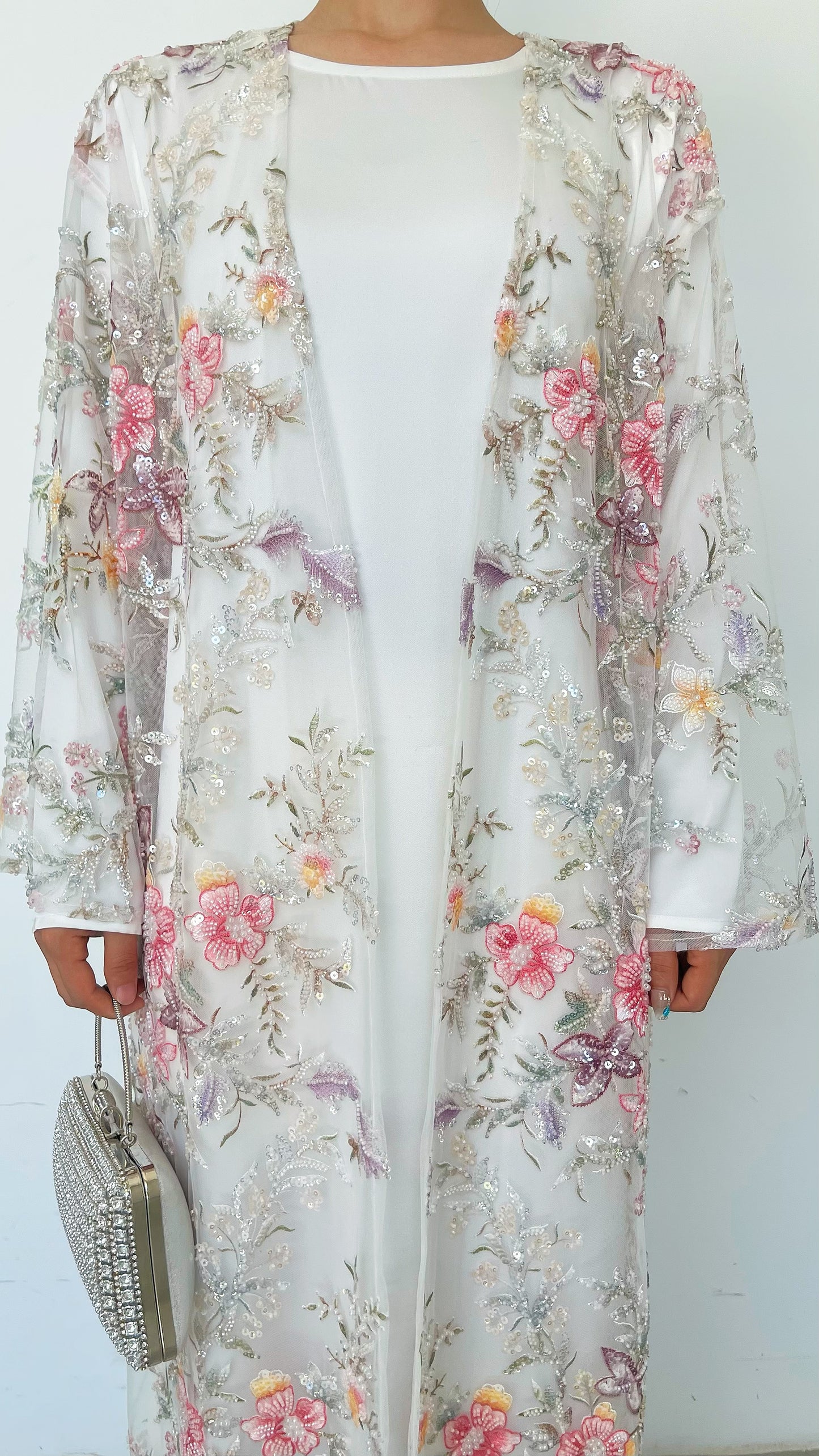 MSL896 White Pearl Flowers Open Abaya Set