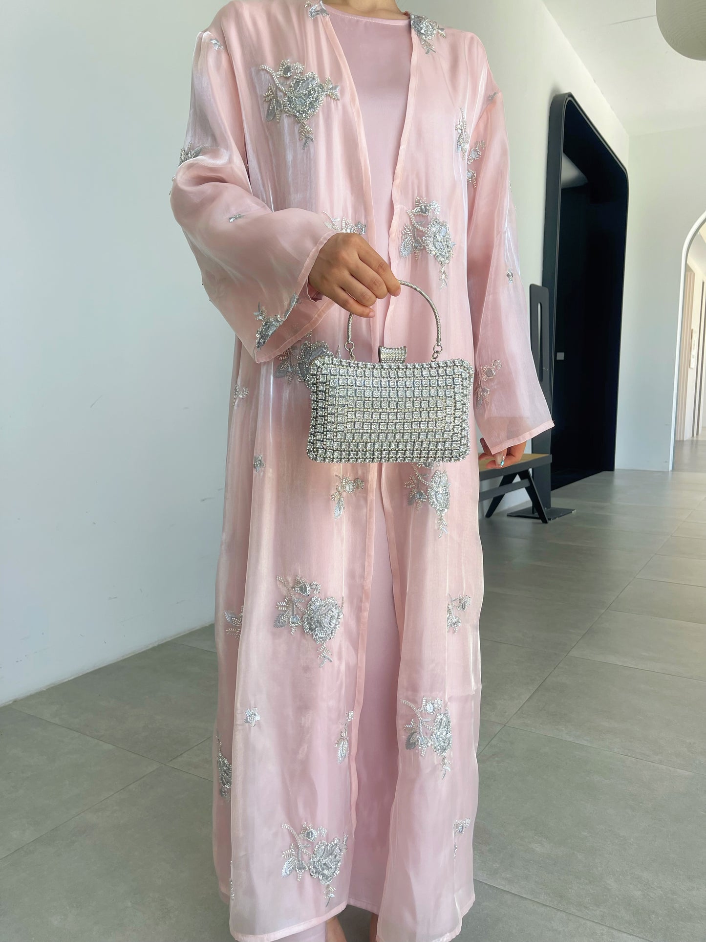 MSL888 Silver Rose Organza Beaded Embroidered Abaya Set