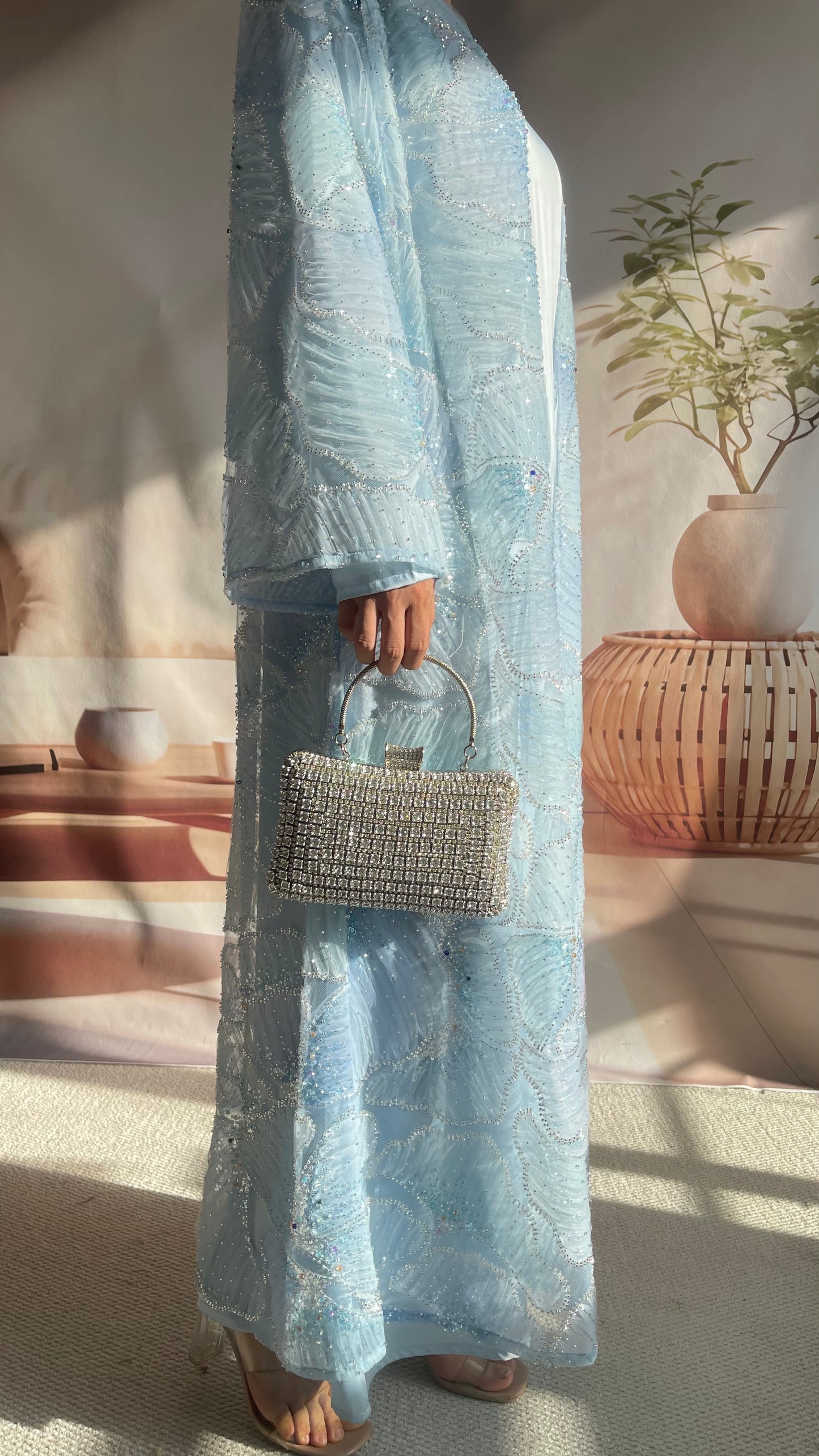 MSL883 Frozen Blue Multicolor Bead Princess Open Abaya