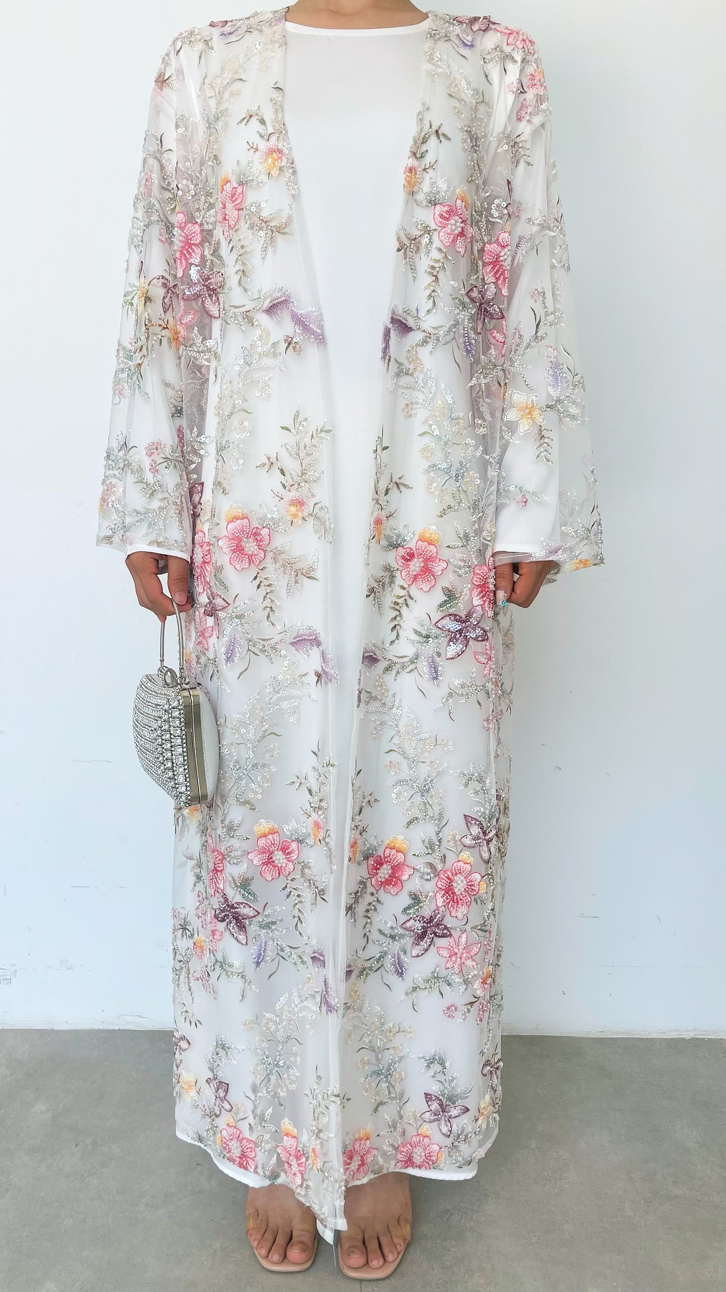 MSL896 White Pearl Flowers Open Abaya Set