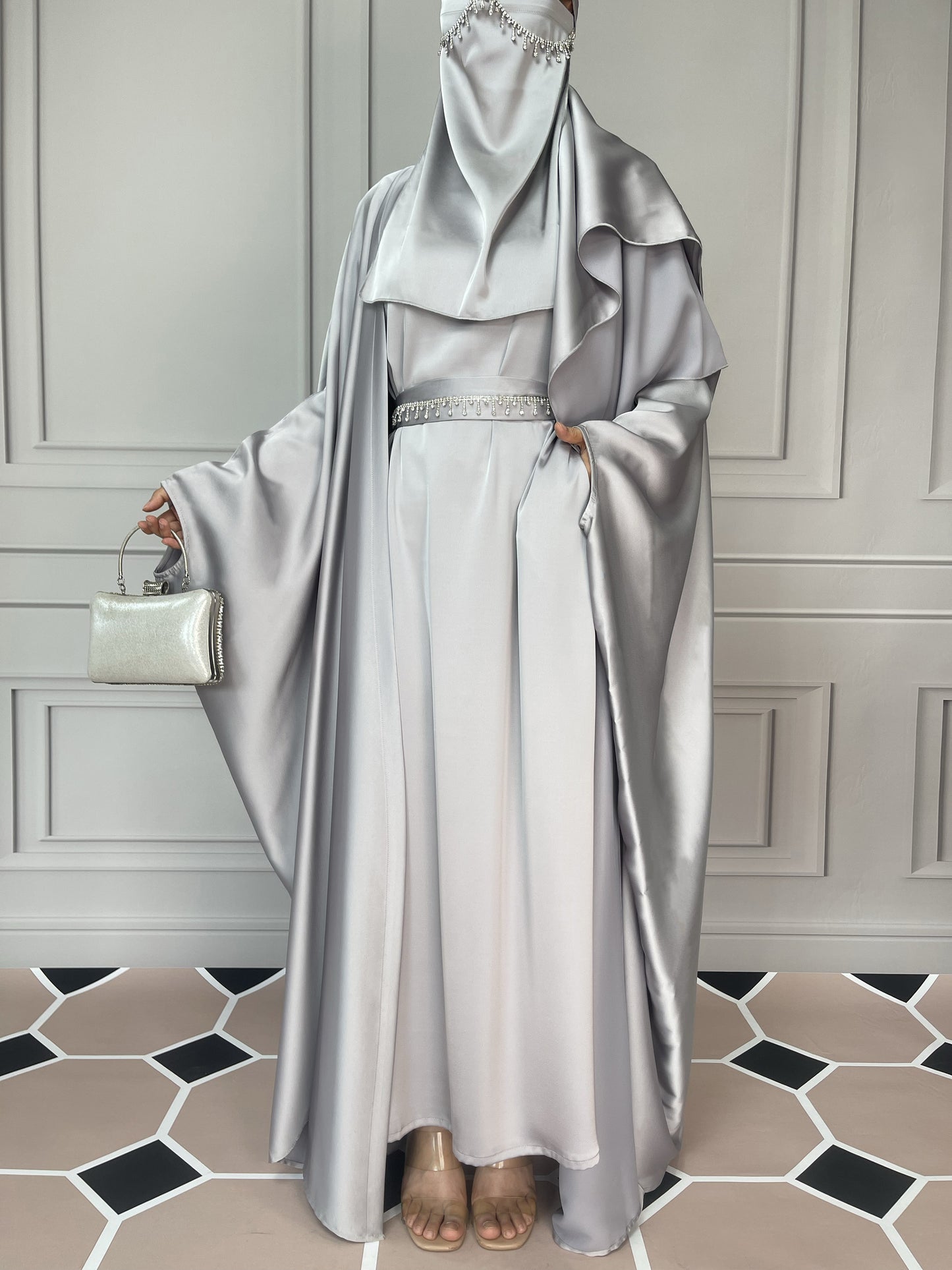 【Auf Lager】5-teiliges Set Butterfly Abaya mit Niqab, lose Vollabdeckung Satin Abaya MSL019