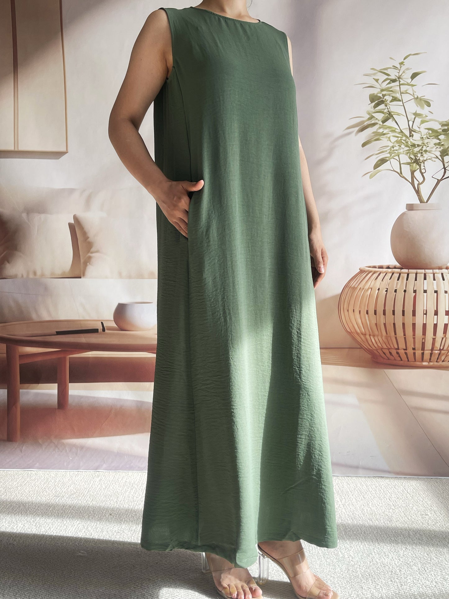 Ramadan Solid Crew Neck Sleeveless Loose Abayas, Elegant Simple Ruffle Hem Maxi Tank Dress, Women's Clothing Kebaya Kaftan MSL153