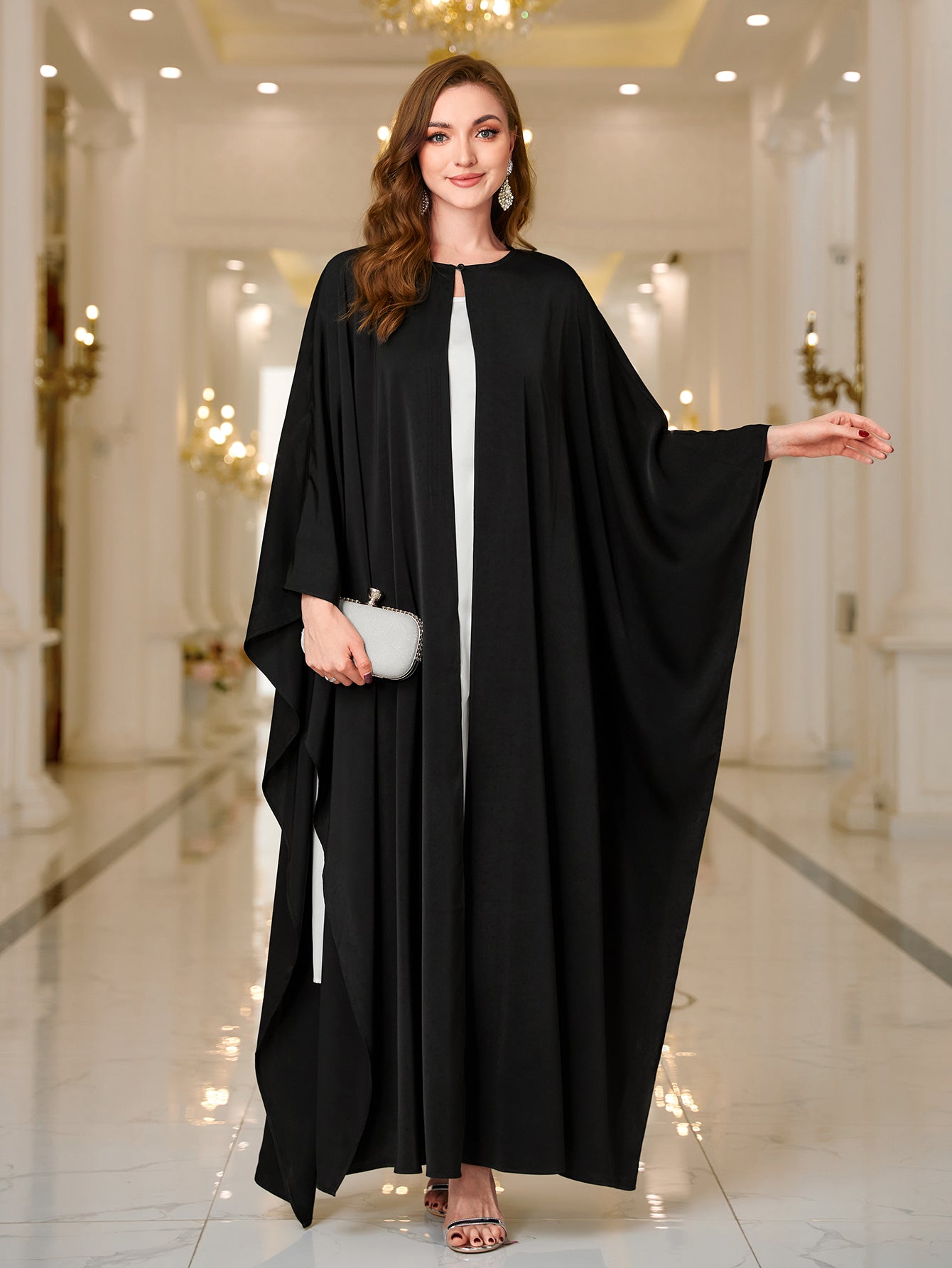 Ramadan Abaya Button Front Batwing Sleeve Modest Dress, Elegant Loose Solid Color Cloak Maxi Outwear Kaftan, Women's Clothing MSL123