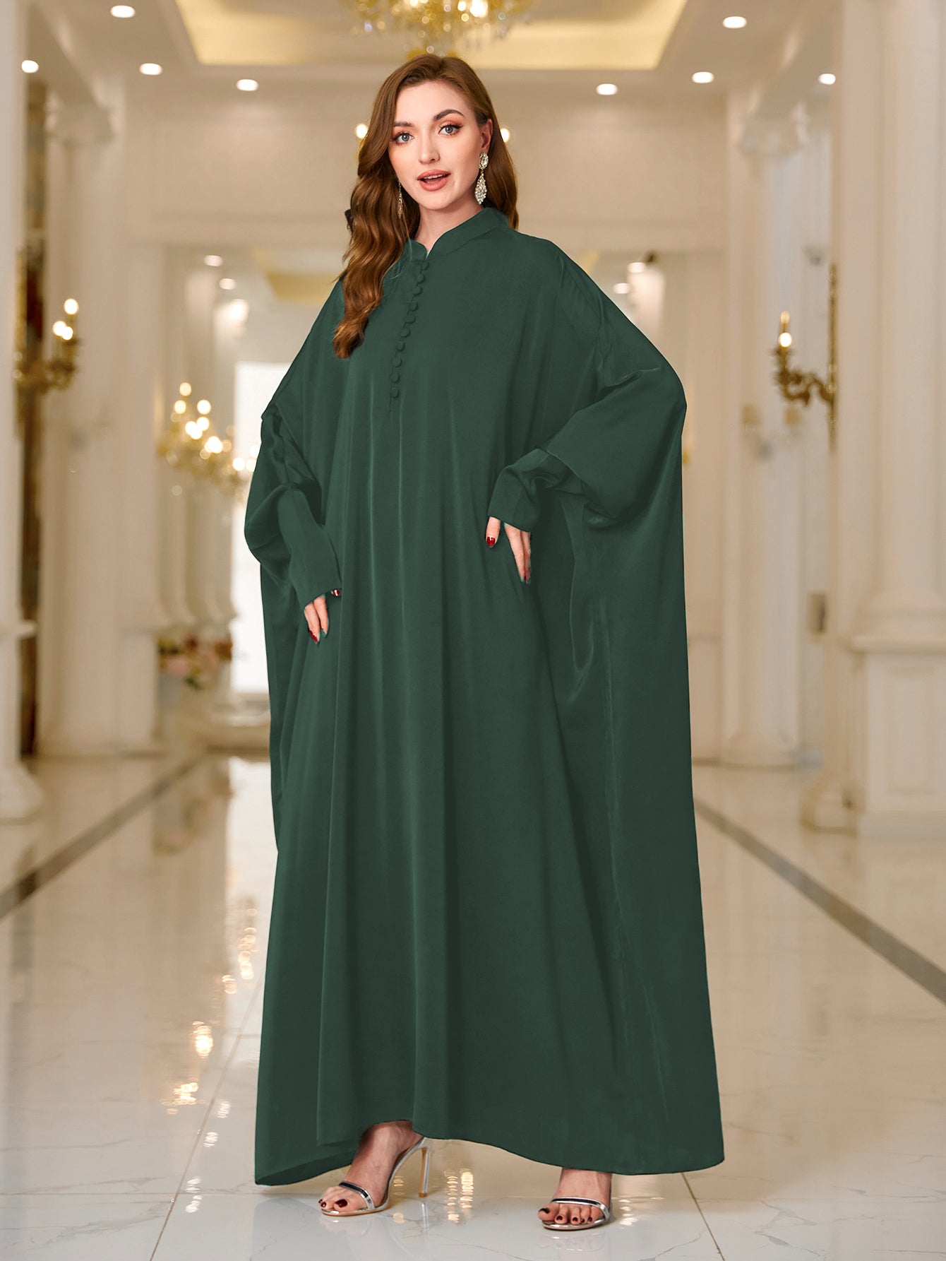 Ramadan Abaya Button Front Batwing Sleeve Modest Dress, Elegant Loose Solid Color Cloak Maxi Outwear Kaftan, Women's Clothing MSL125