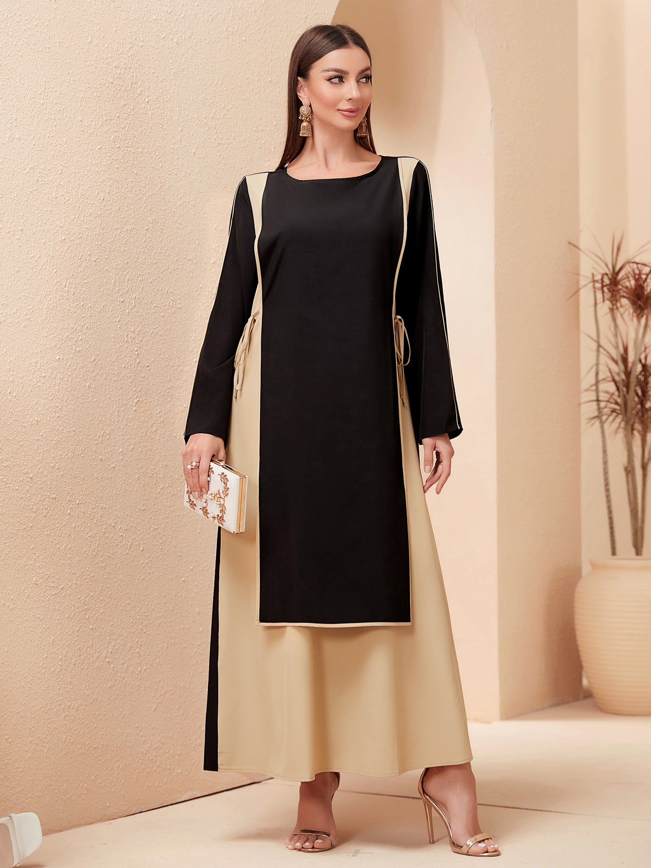 MSL151 Modest Dress - Contrast Color, Bow Tie, Waist Tie, Everyday | Hojumbo