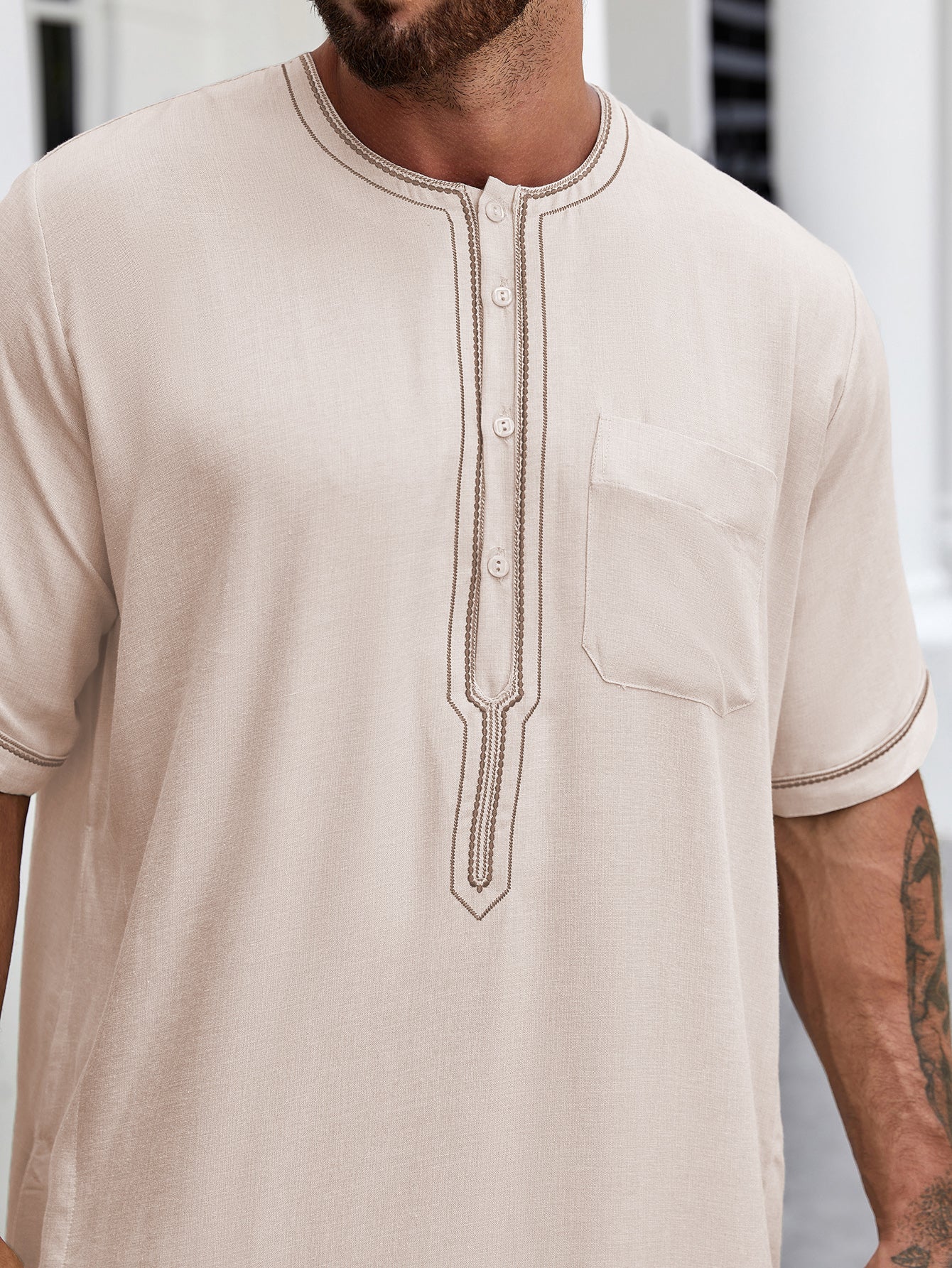 Ramadan Men's Muslim Dresses Long Sleeve Henley Shirts With Pocket Kaftan Islamic Abaya Arabic Long Gown Thobe Robe For Men 170-5