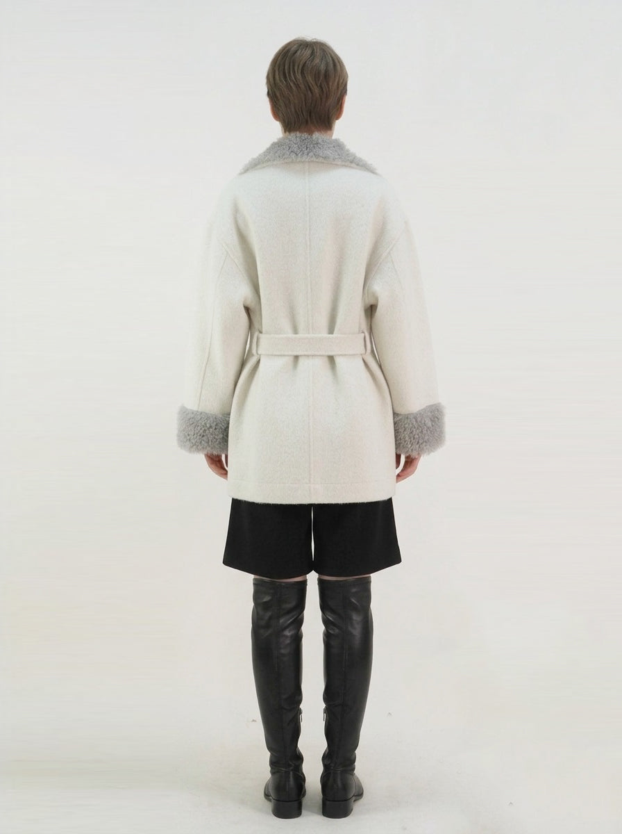 YS1 Wool Coat - 70% Wool, Furry Collar, Belted, Single-Breasted, Pocketed | Hojumbo