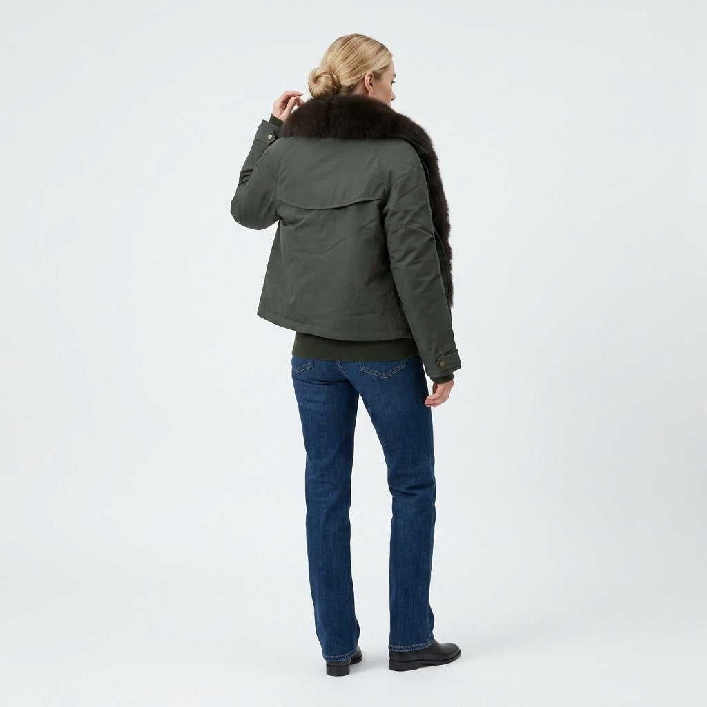 1076 Puffer Jacket - Faux Fur Collar, Zipper, Warm | Hojumbo