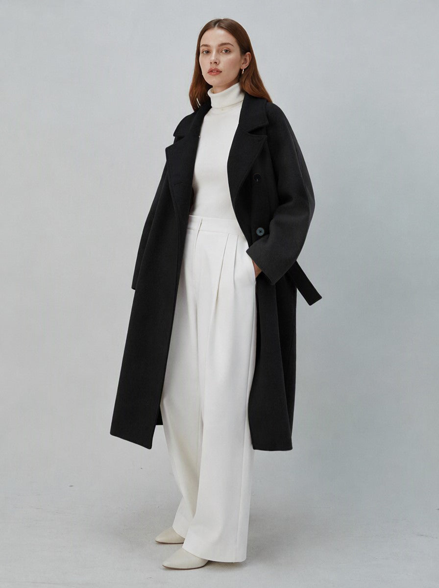 Women's 40% Wool Long Coat - High Collar, Belted | MN003 | Hojumbo