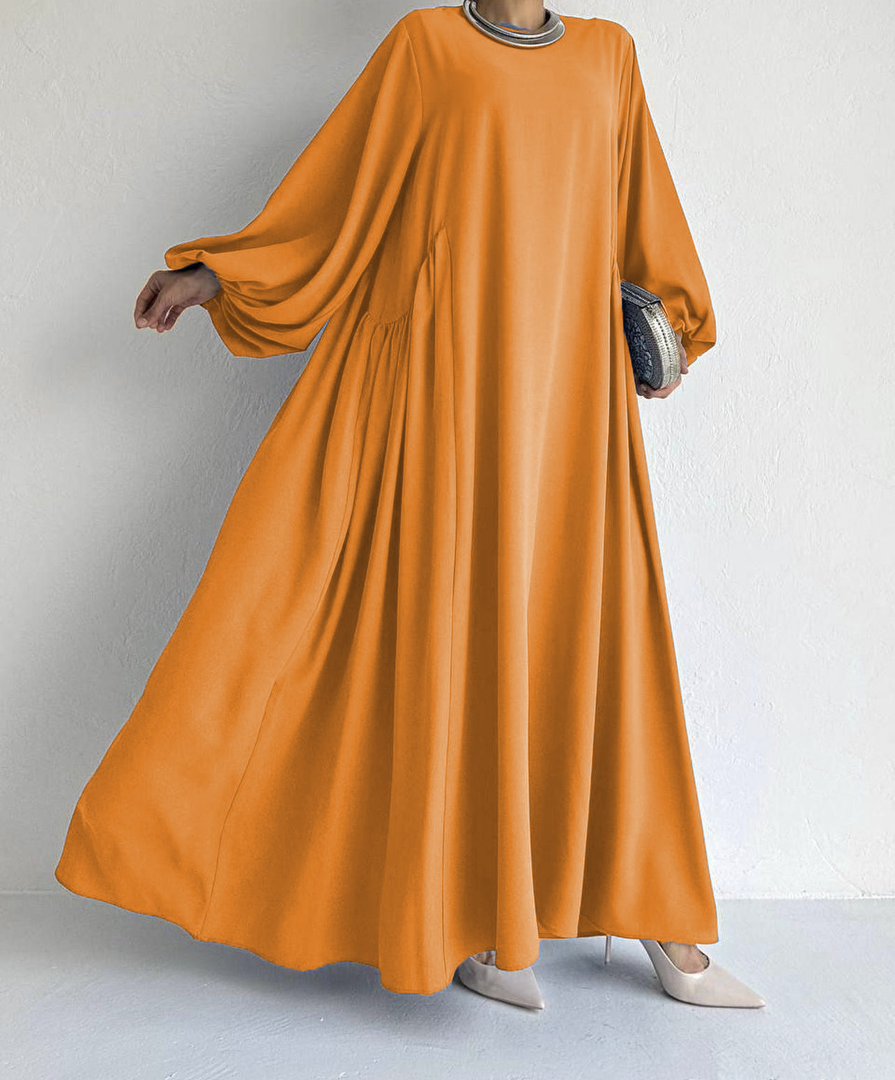 Abaya Ramadan Solid Bishop Sleeve Kebaya Kaftan, Elegant Crew Neck Maxi Length Dress, Islam Abayas For Women MSL101