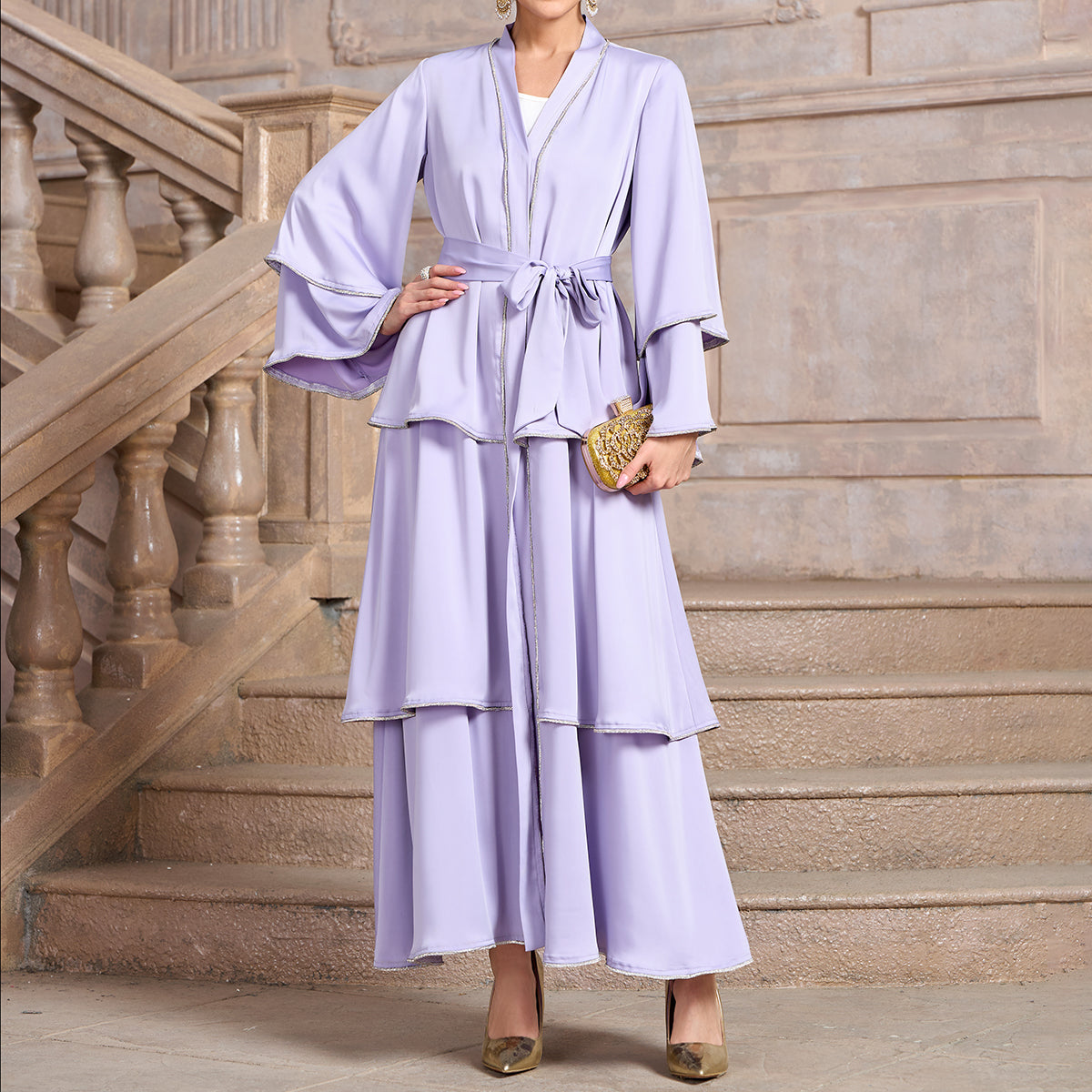 Middle Eastern Muslim women's Maxi dress robes satin triple hem crystal abaya cardigan Towel set MSL253