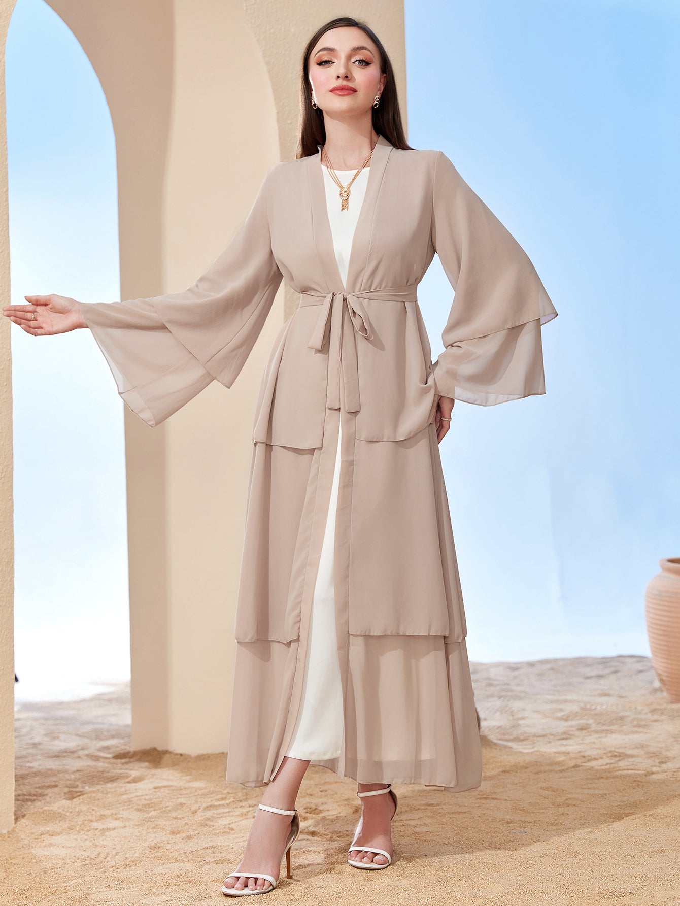 Ramadan kebaya Layered Open Front Abaya, Long Sleeve Dress With Belted , Without Hijab, Women's Clothing MSL1