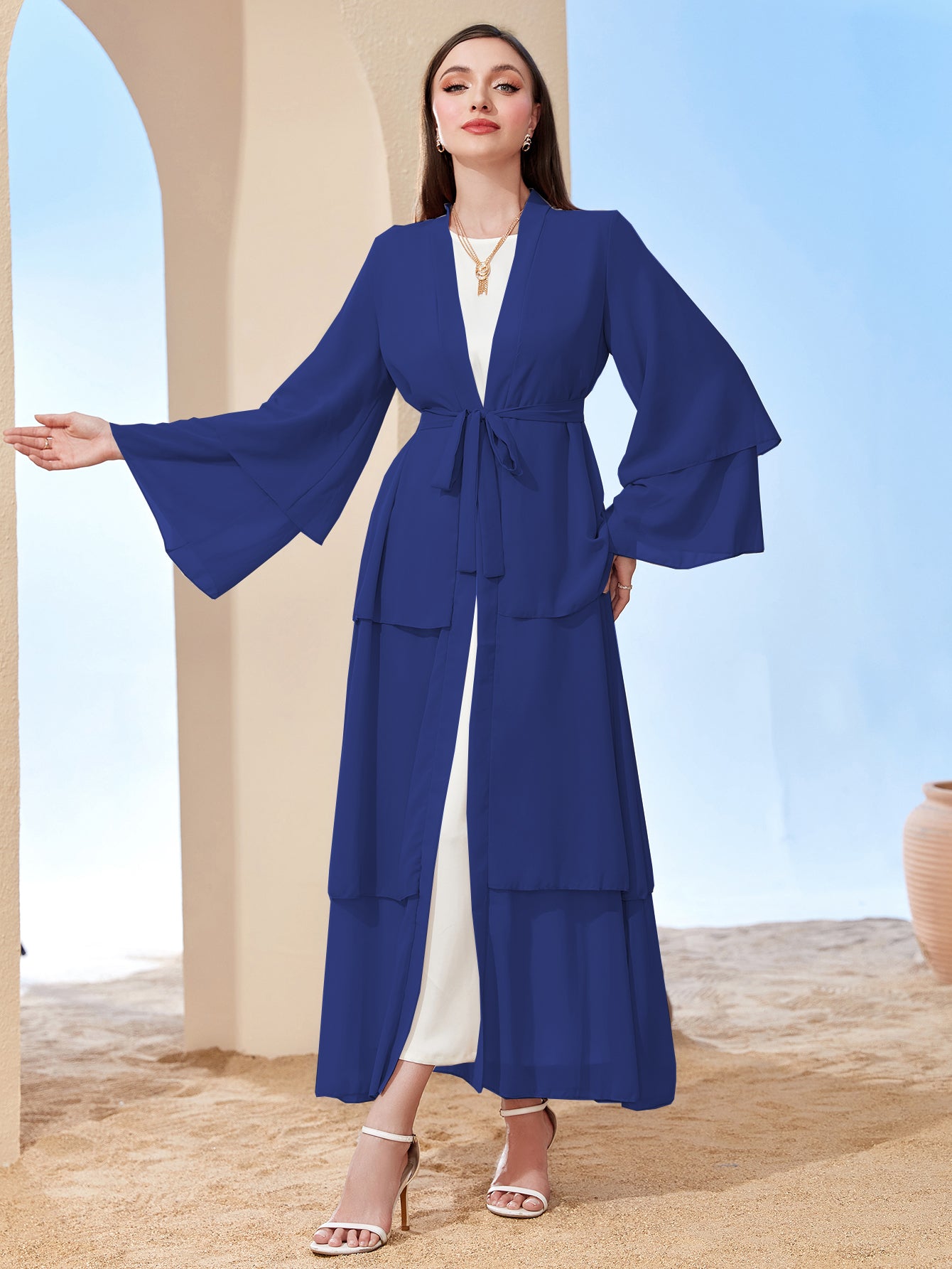 Ramadan kebaya Layered Open Front Abaya, Long Sleeve Dress With Belted , Without Hijab, Women's Clothing MSL1