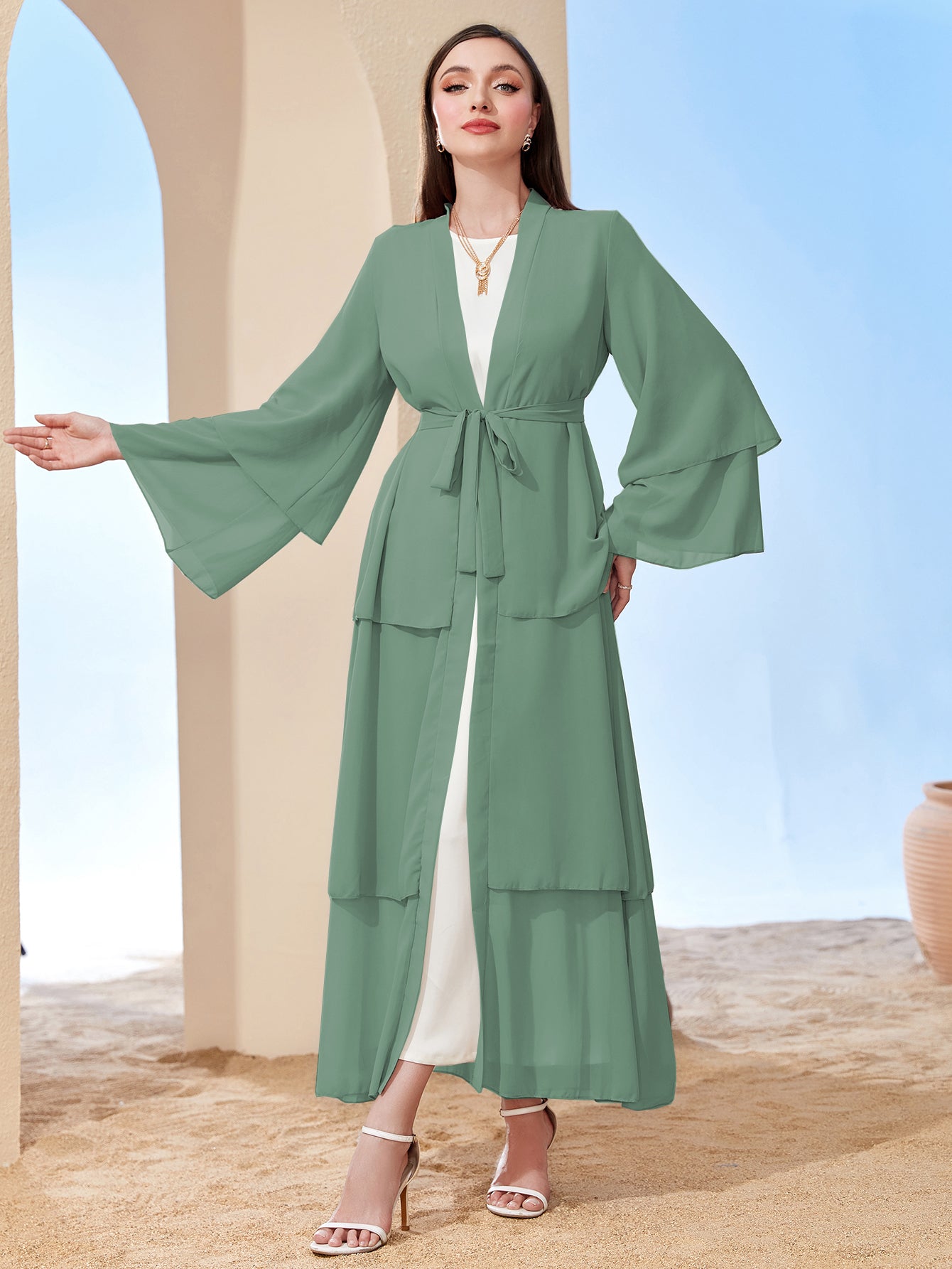 Ramadan kebaya Layered Open Front Abaya, Long Sleeve Dress With Belted , Without Hijab, Women's Clothing MSL1