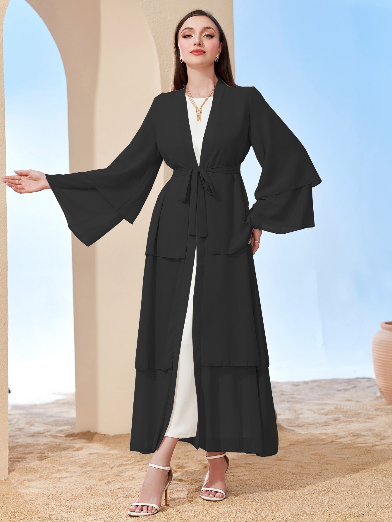 Ramadan kebaya Layered Open Front Abaya, Long Sleeve Dress With Belted , Without Hijab, Women's Clothing MSL1