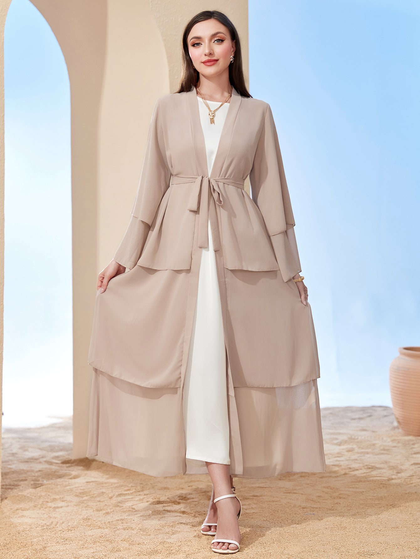 Ramadan kebaya Layered Open Front Abaya, Long Sleeve Dress With Belted , Without Hijab, Women's Clothing MSL1