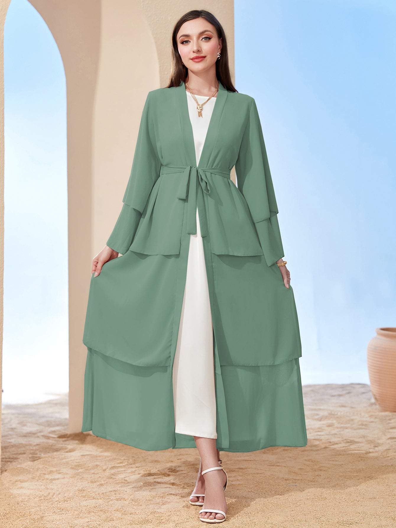 Ramadan kebaya Layered Open Front Abaya, Long Sleeve Dress With Belted , Without Hijab, Women's Clothing MSL1