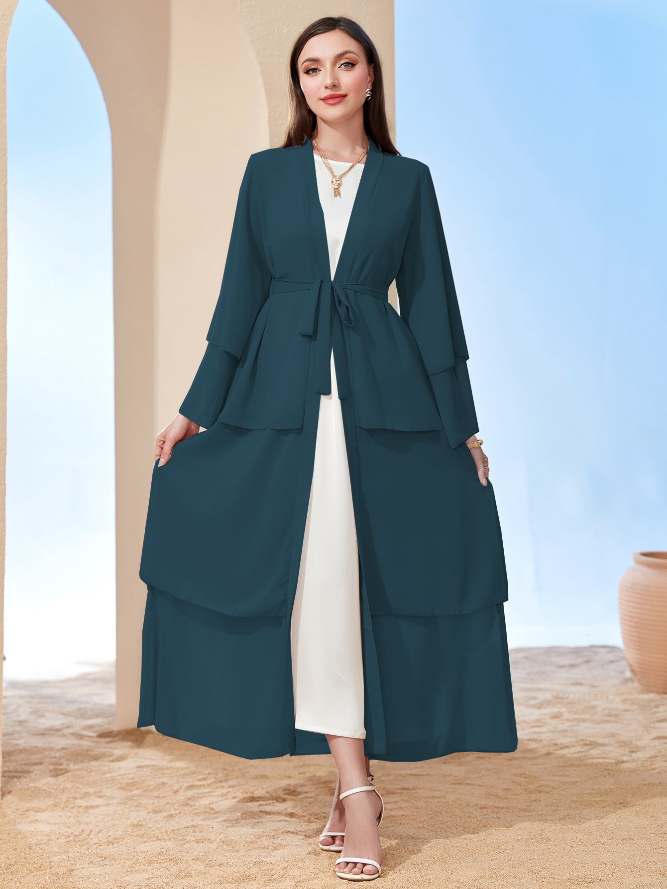 Ramadan kebaya Layered Open Front Abaya, Long Sleeve Dress With Belted , Without Hijab, Women's Clothing MSL1