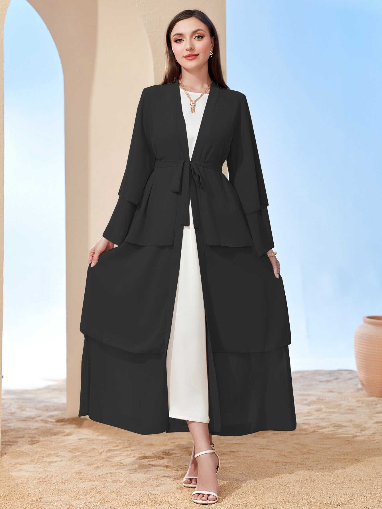 Ramadan kebaya Layered Open Front Abaya, Long Sleeve Dress With Belted , Without Hijab, Women's Clothing MSL1
