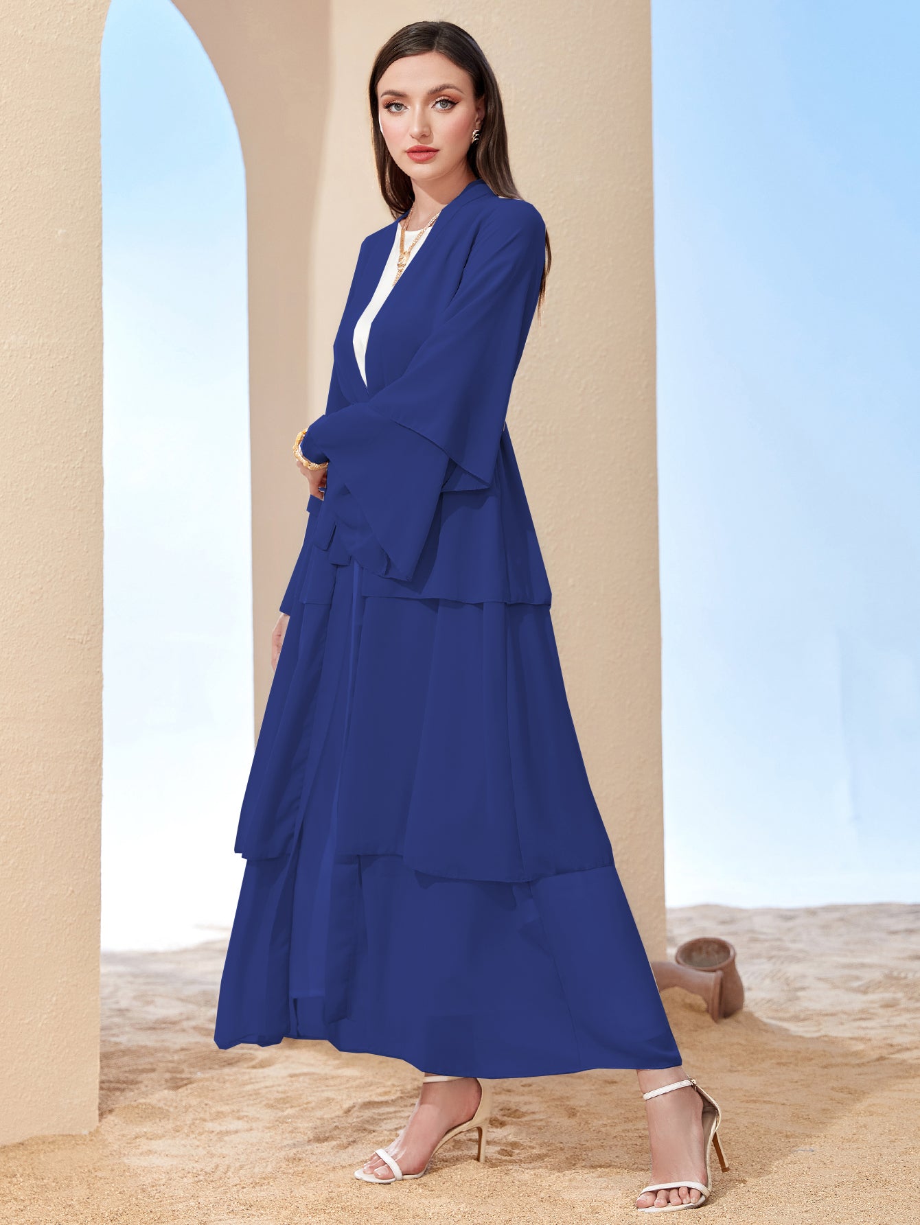 Ramadan kebaya Layered Open Front Abaya, Long Sleeve Dress With Belted , Without Hijab, Women's Clothing MSL1